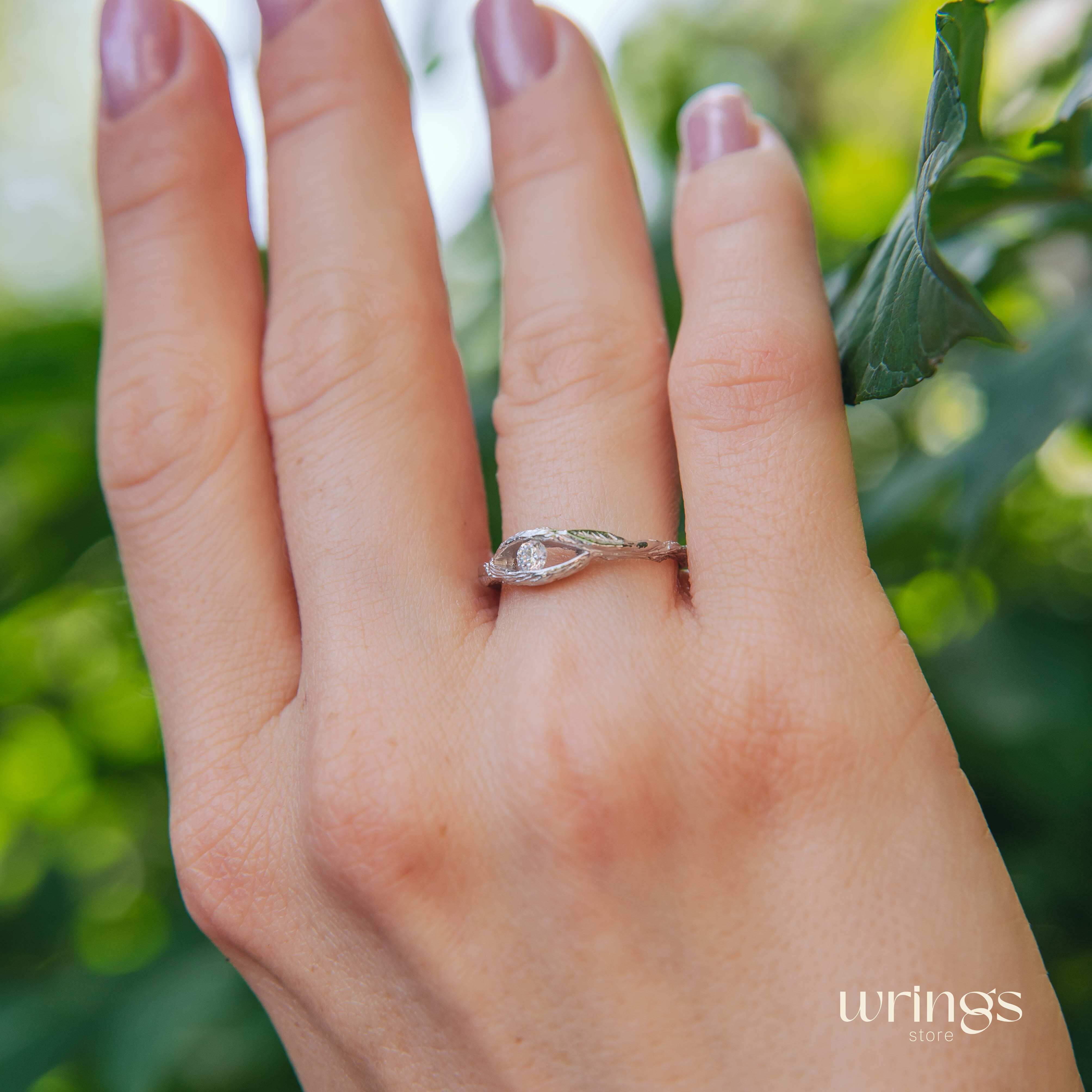 White Zirconia Stone in Twig Engagement Ring with Leaves