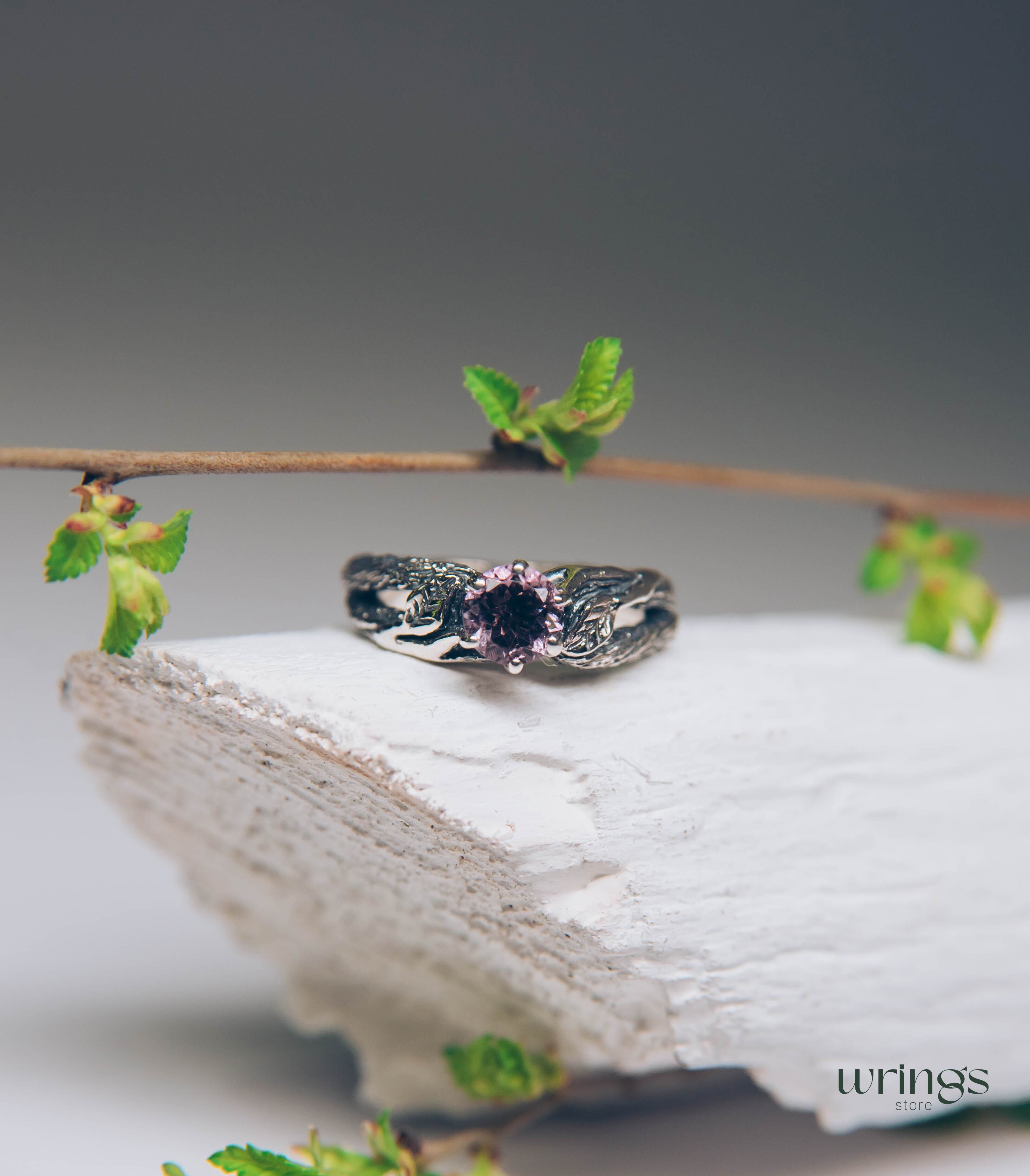 Delicious Leaves and Twig Engagement Ring with Amethyst