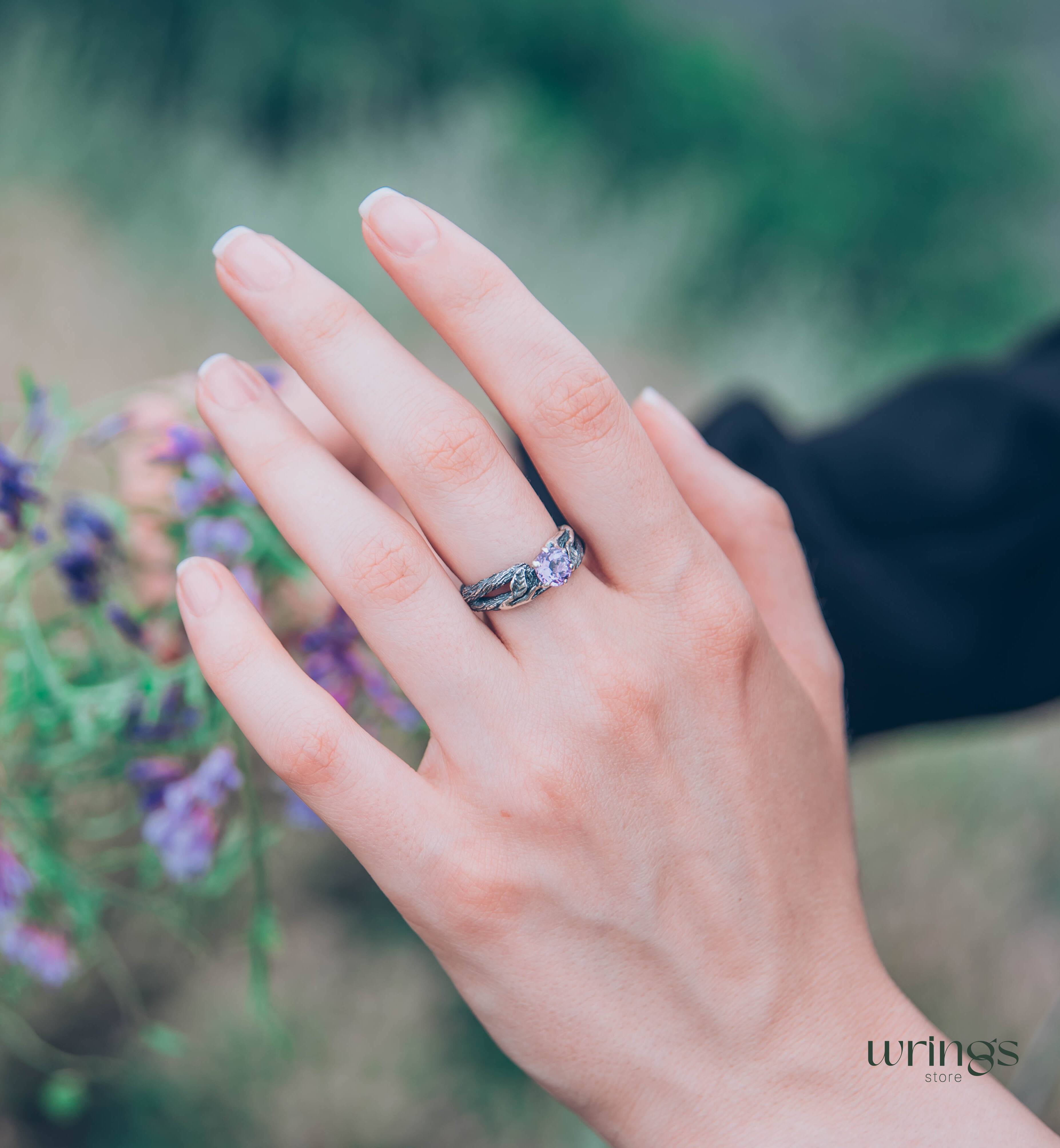 Delicious Leaves and Twig Engagement Ring with Amethyst
