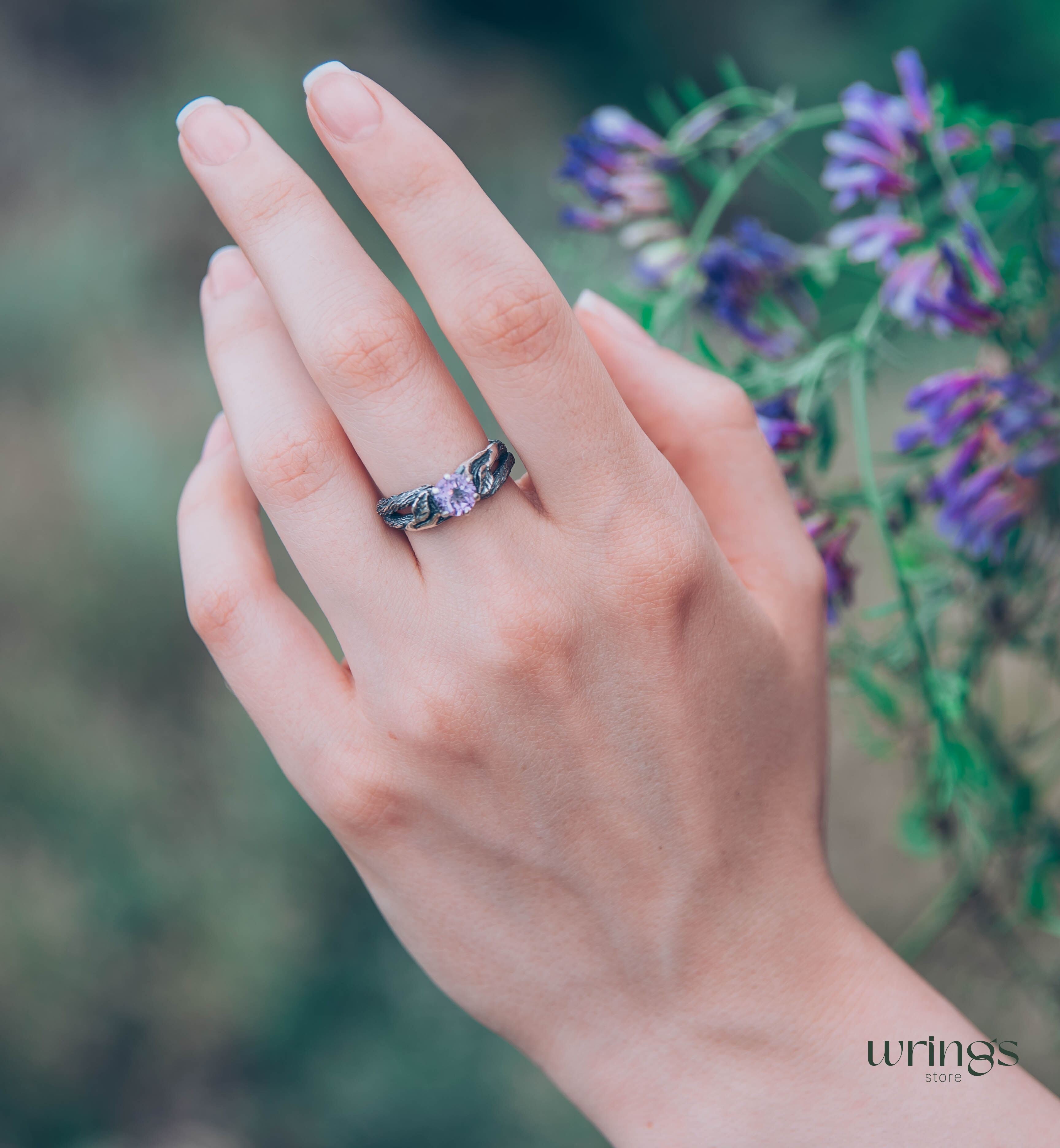 Delicious Leaves and Twig Engagement Ring with Amethyst