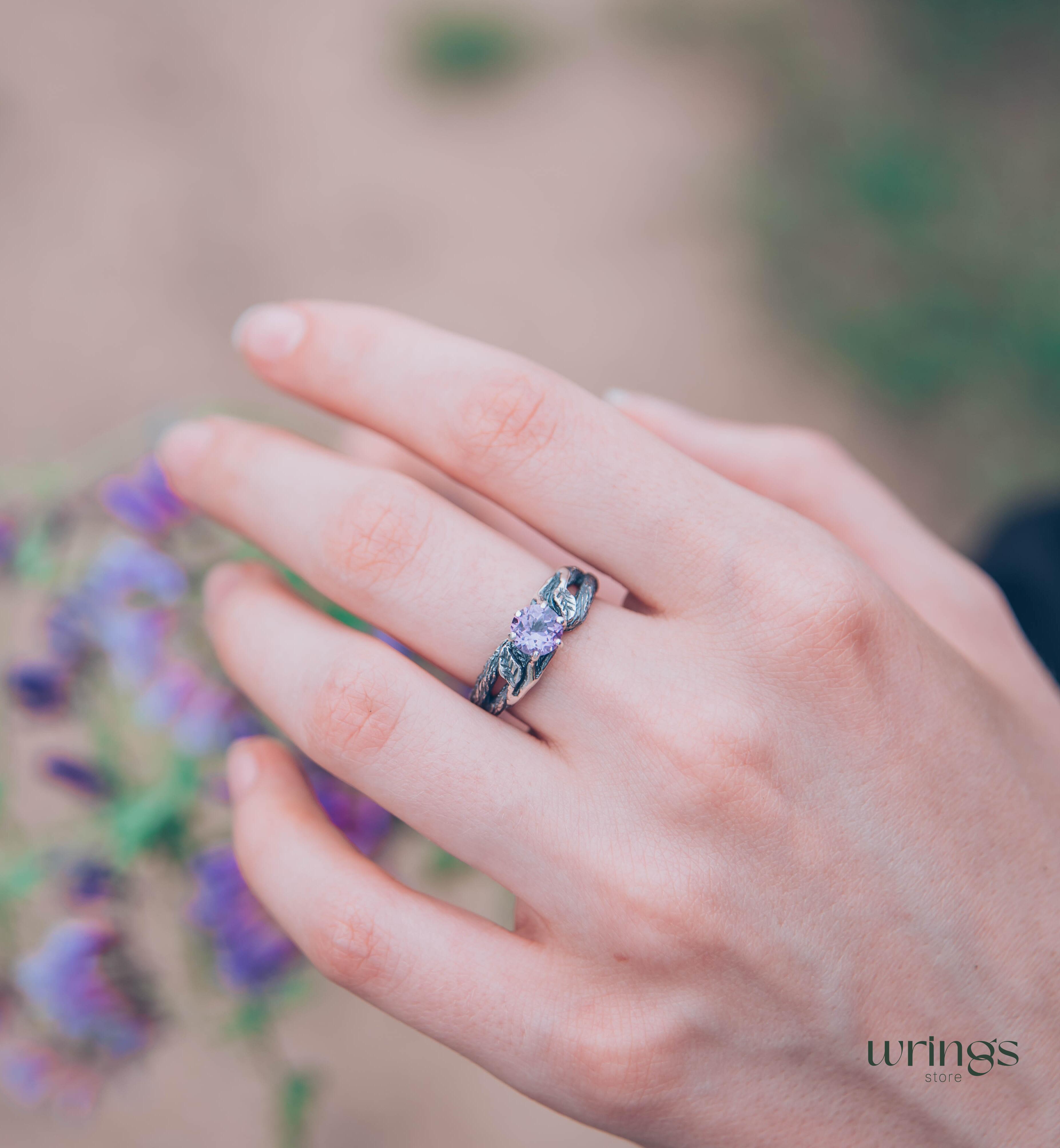 Delicious Leaves and Twig Engagement Ring with Amethyst