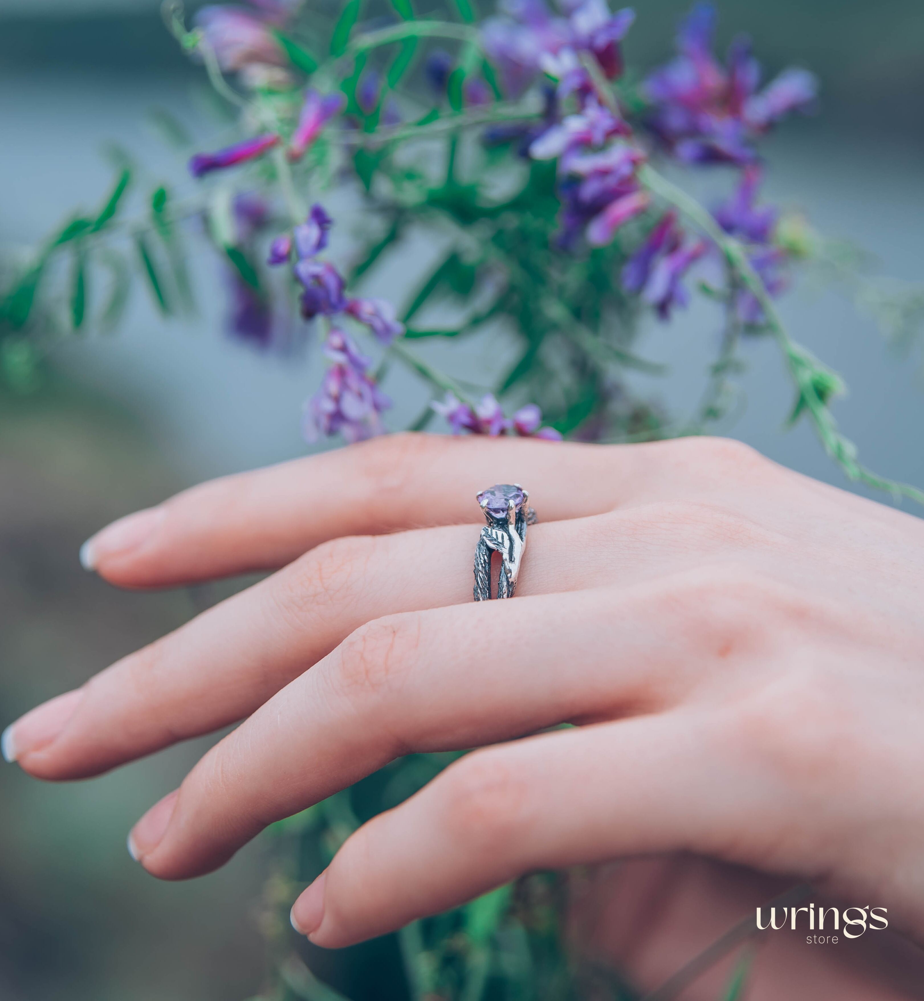 Delicious Leaves and Twig Engagement Ring with Amethyst