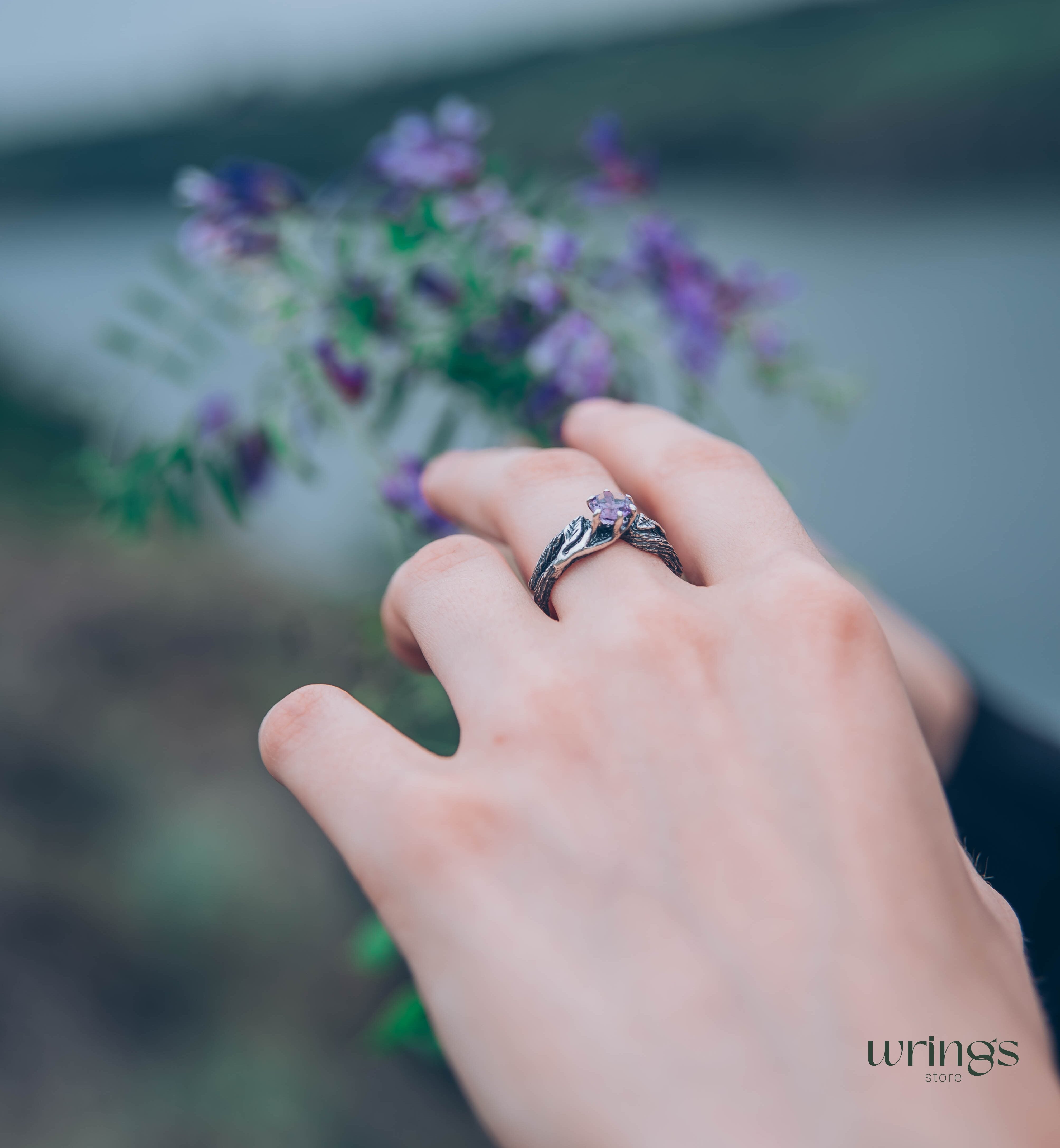 Delicious Leaves and Twig Engagement Ring with Amethyst