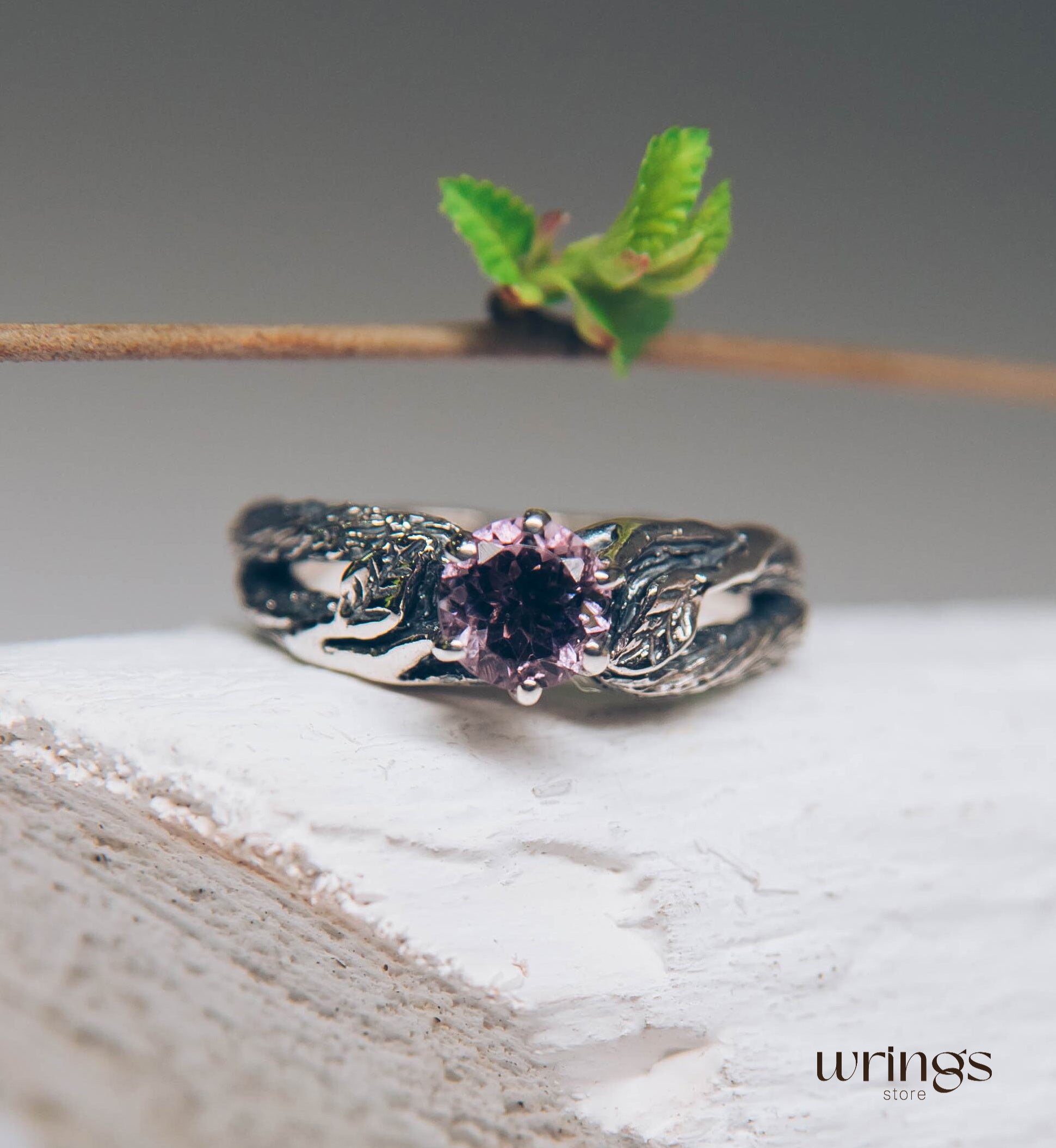 Delicious Leaves and Twig Engagement Ring with Amethyst