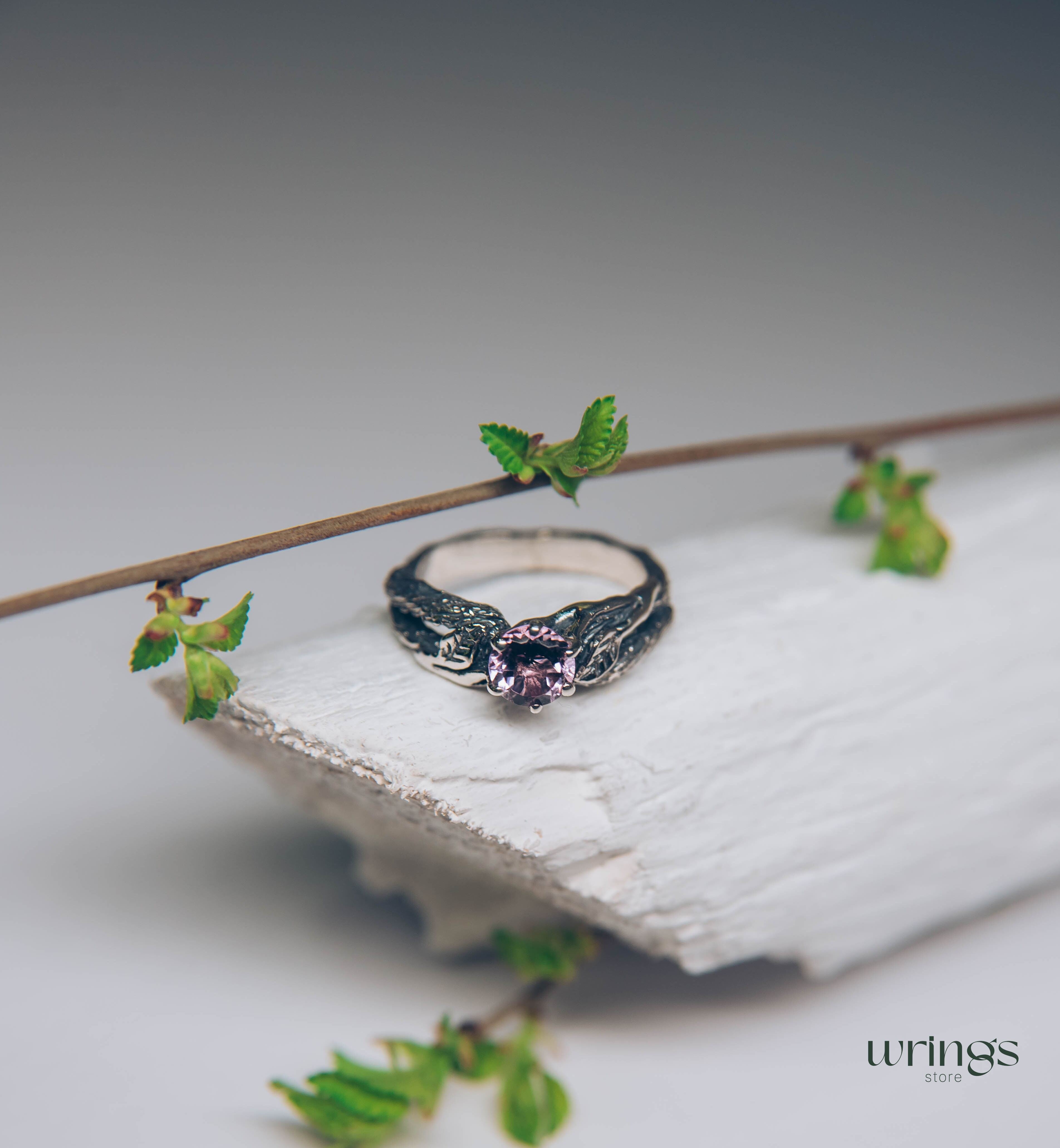 Delicious Leaves and Twig Engagement Ring with Amethyst