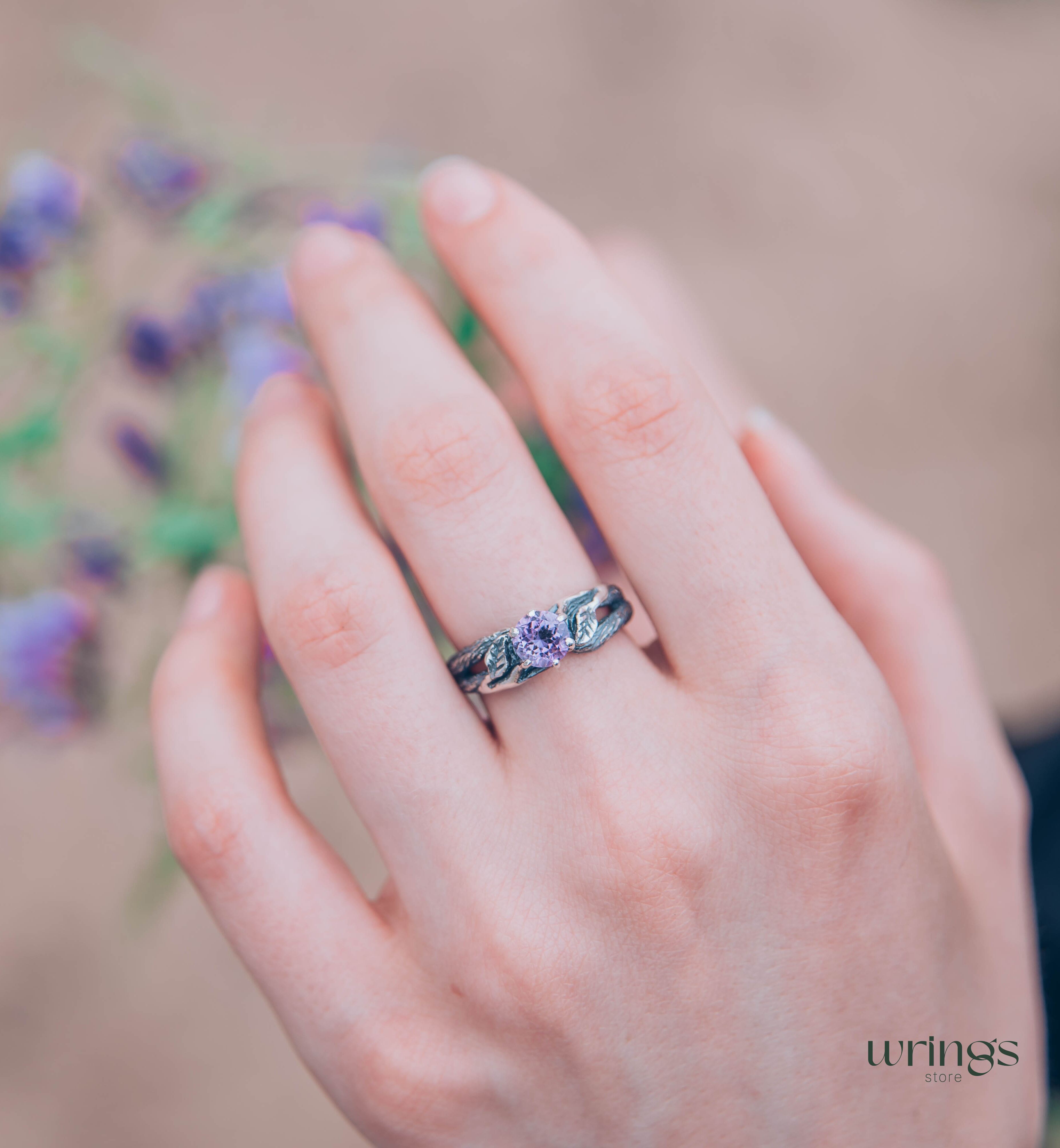 Delicious Leaves and Twig Engagement Ring with Amethyst
