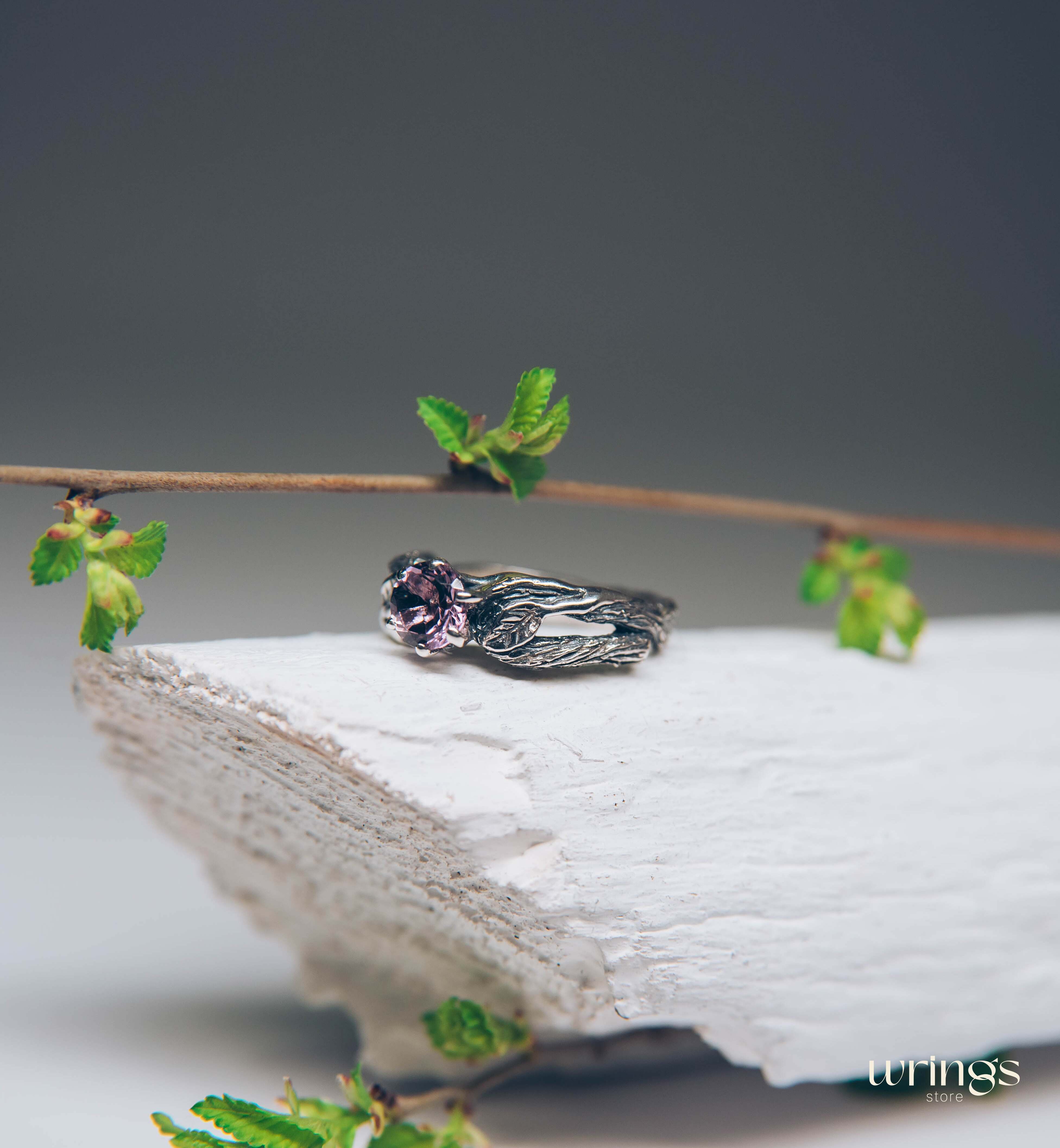 Delicious Leaves and Twig Engagement Ring with Amethyst