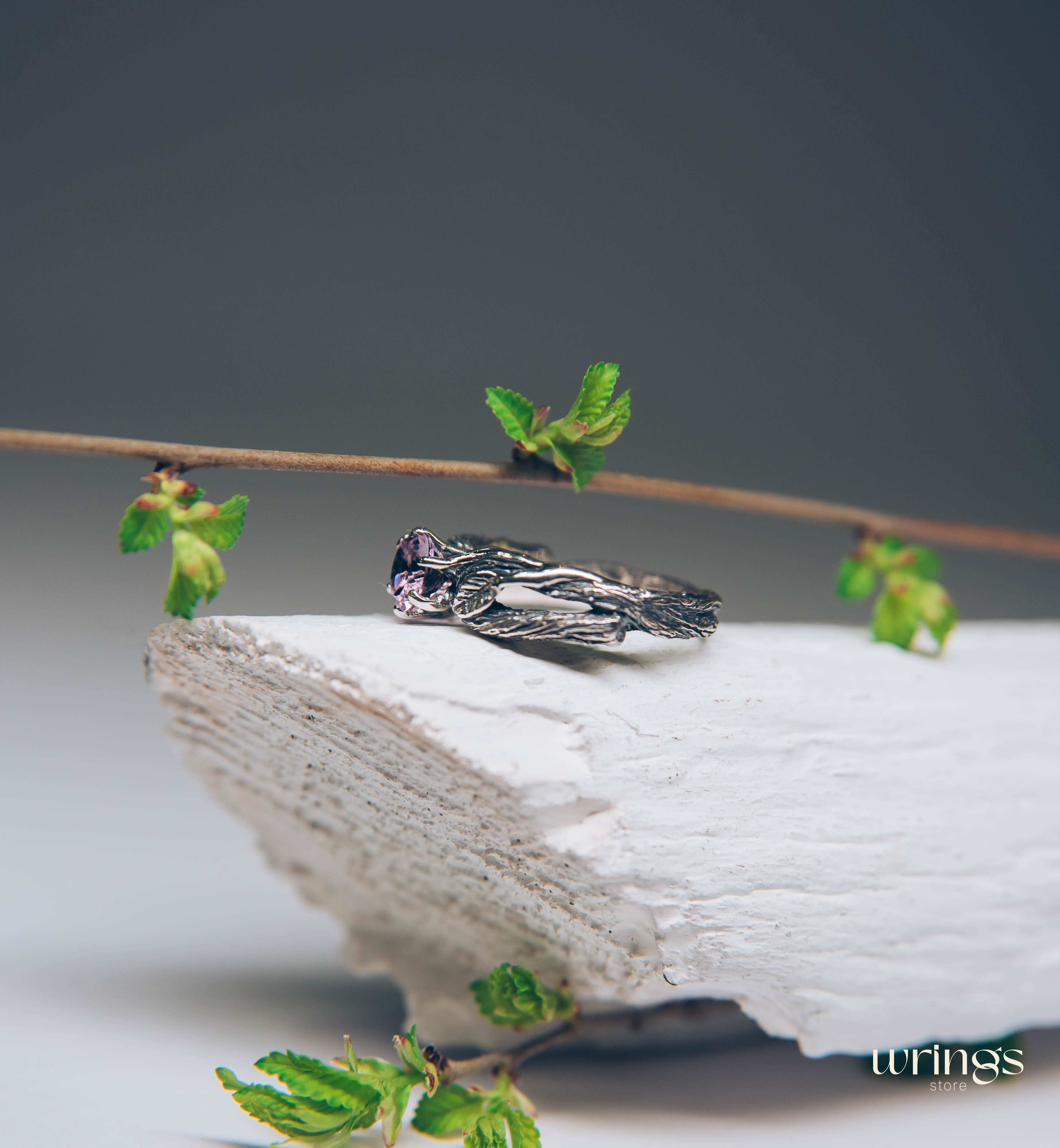 Delicious Leaves and Twig Engagement Ring with Amethyst