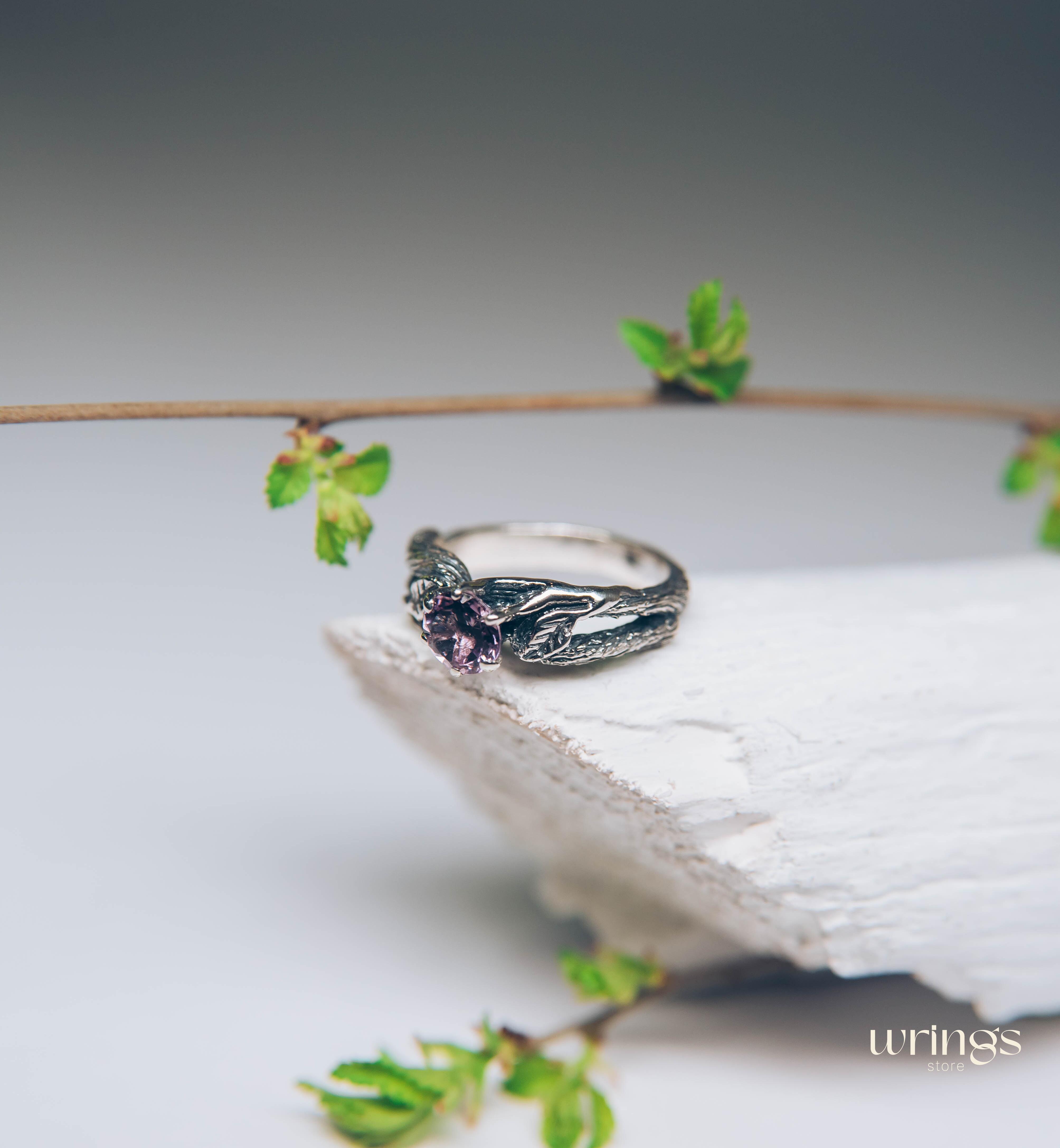 Delicious Leaves and Twig Engagement Ring with Amethyst