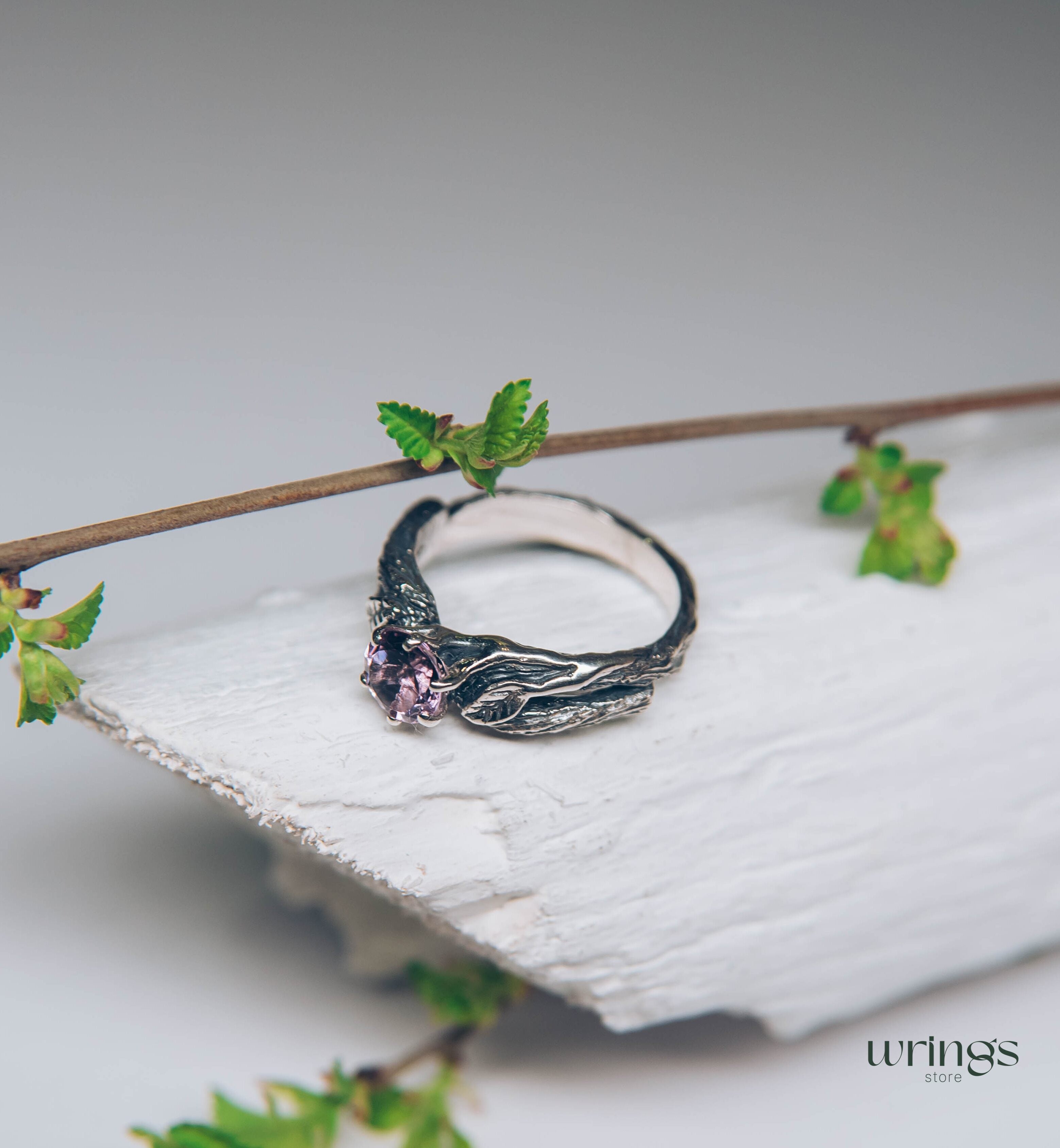 Delicious Leaves and Twig Engagement Ring with Amethyst
