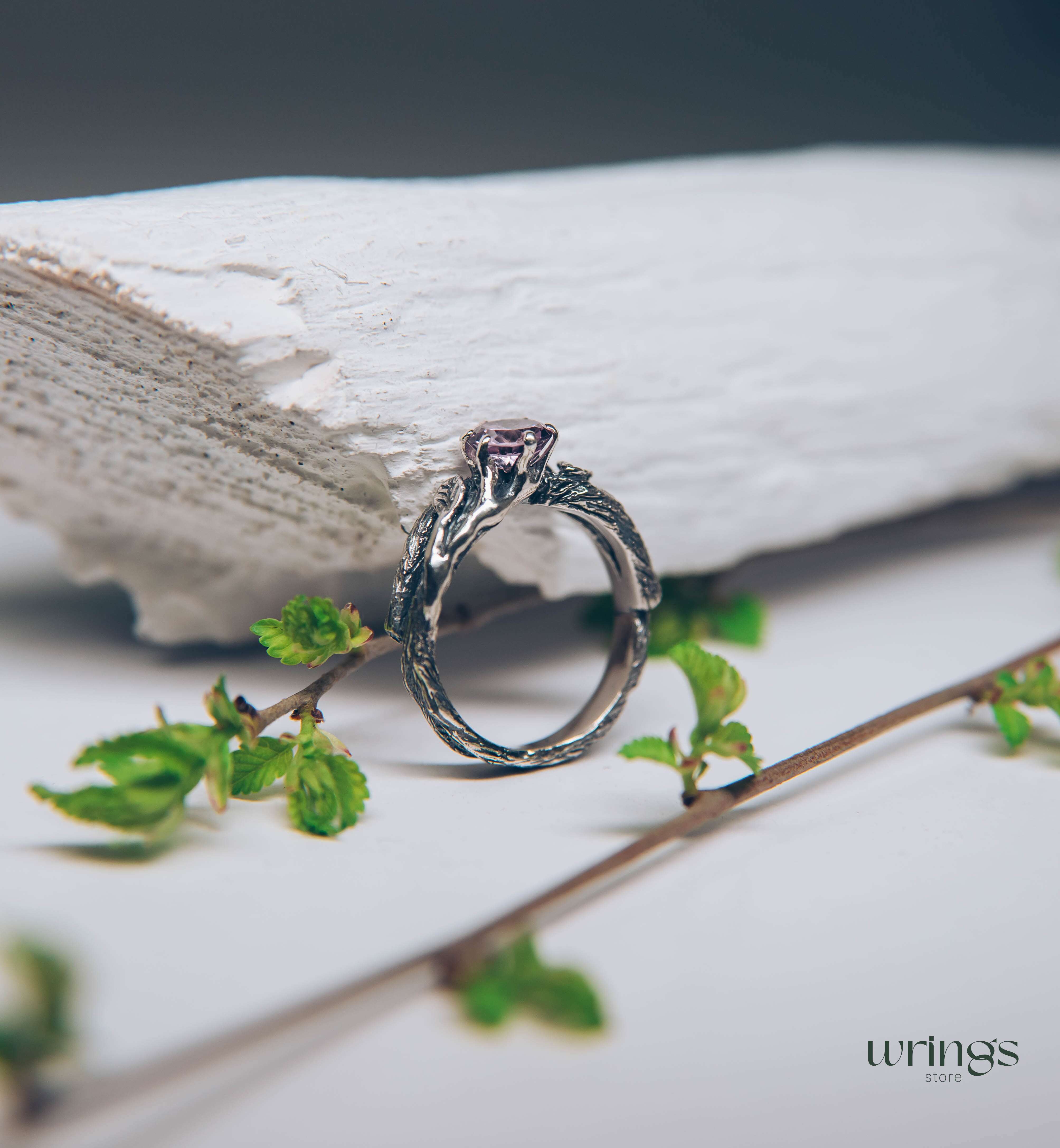 Delicious Leaves and Twig Engagement Ring with Amethyst
