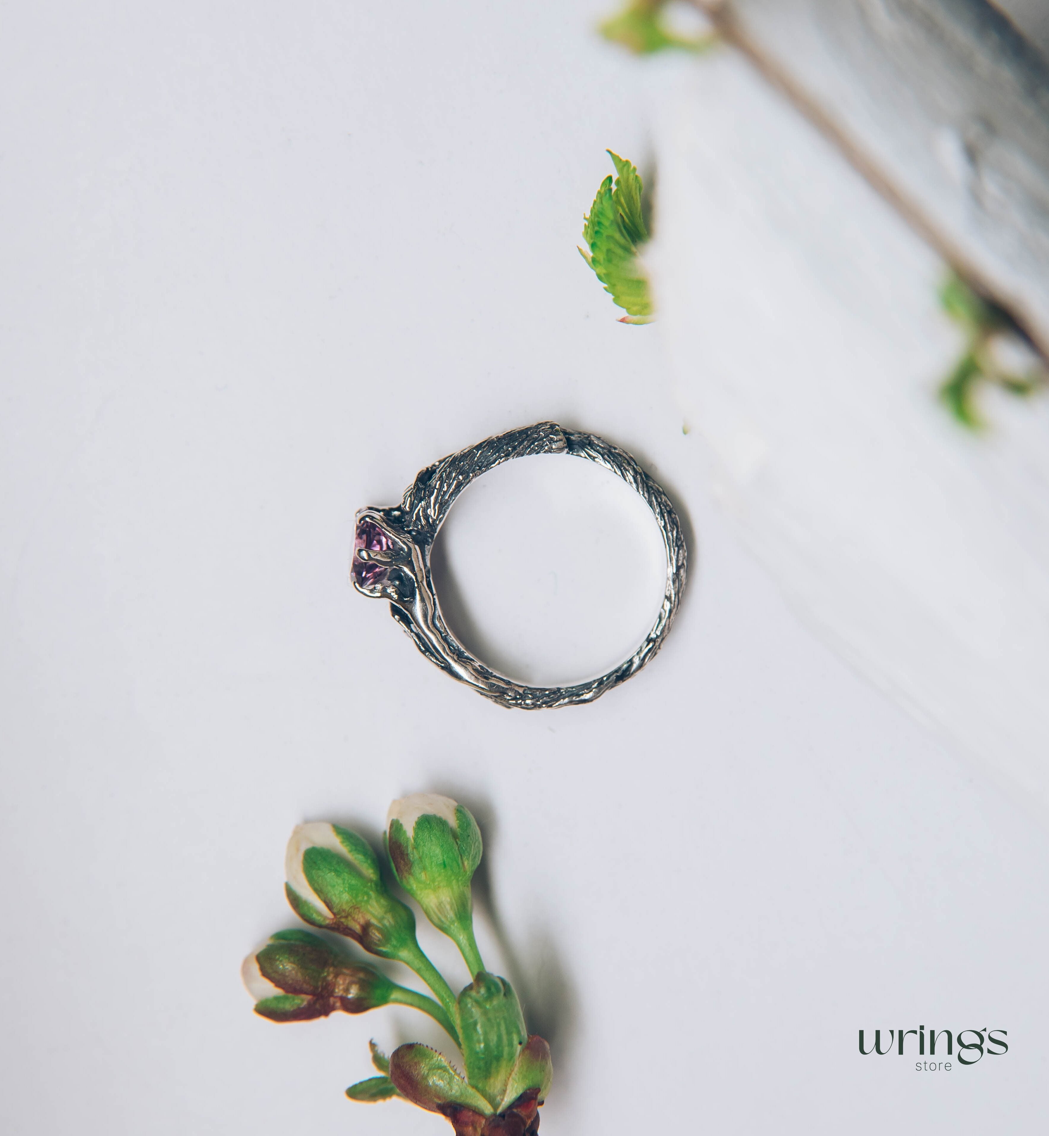Delicious Leaves and Twig Engagement Ring with Amethyst