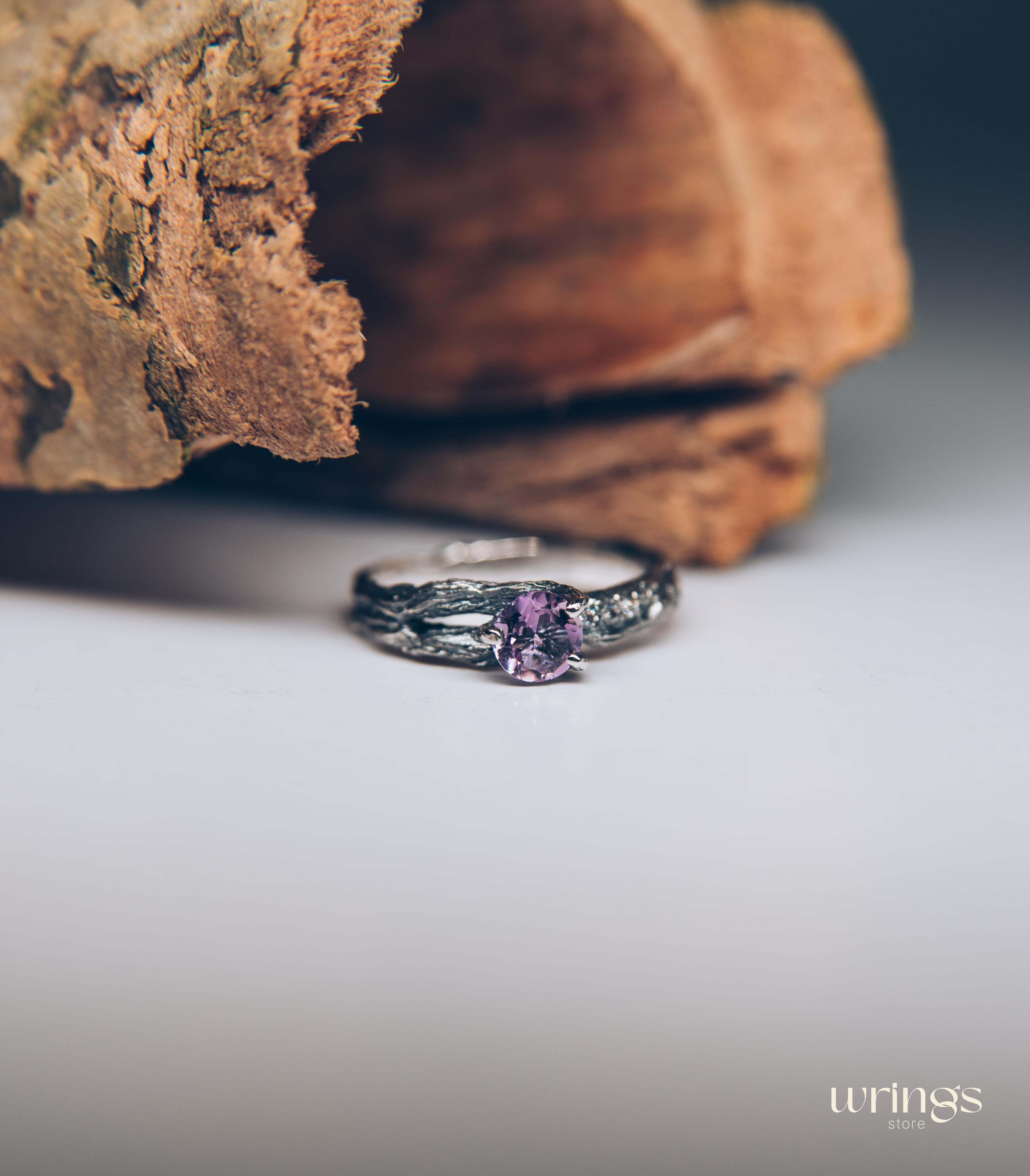 Double styled Silver Branch & Amethyst Engagement Ring