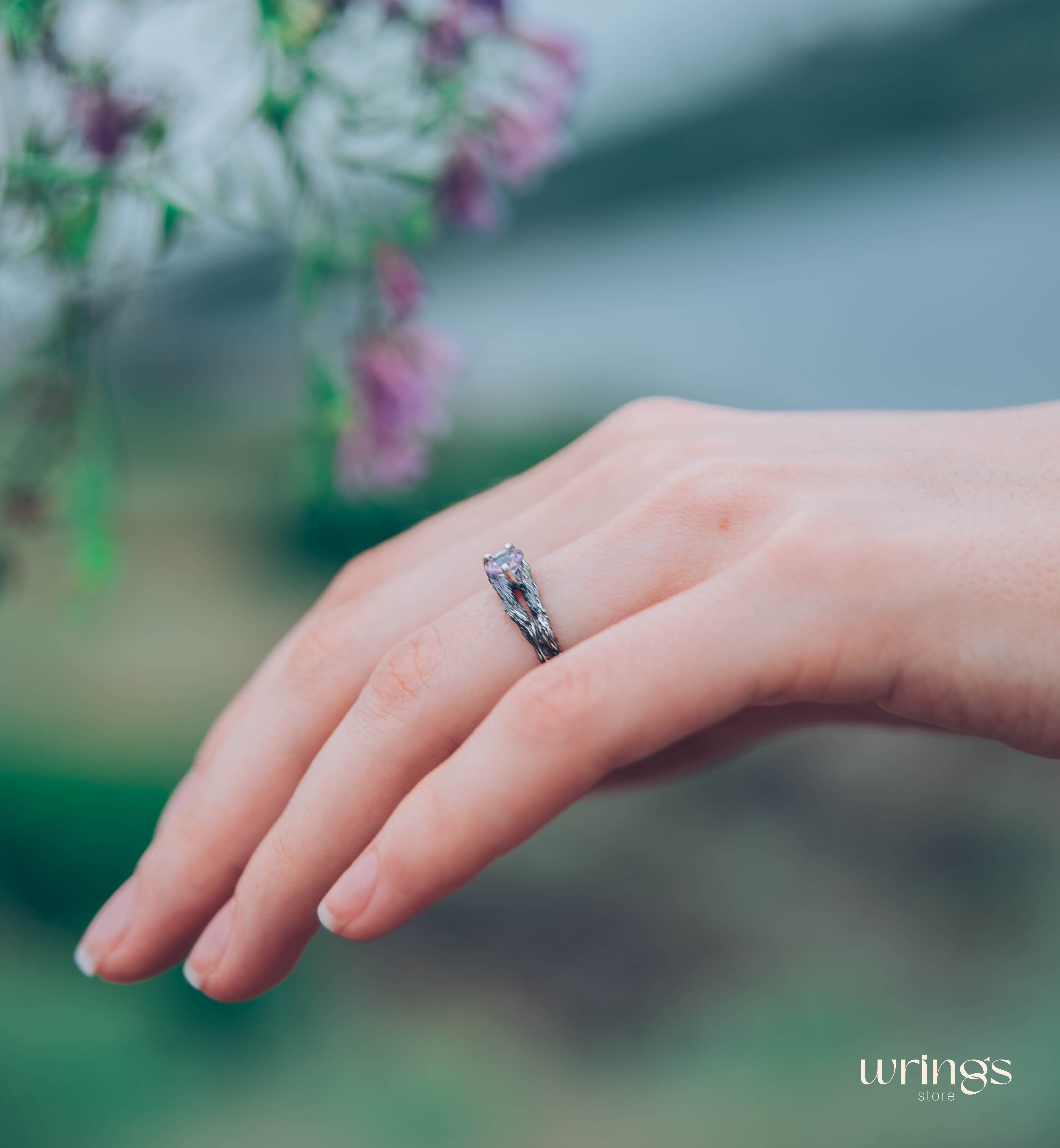Double styled Silver Branch & Amethyst Engagement Ring