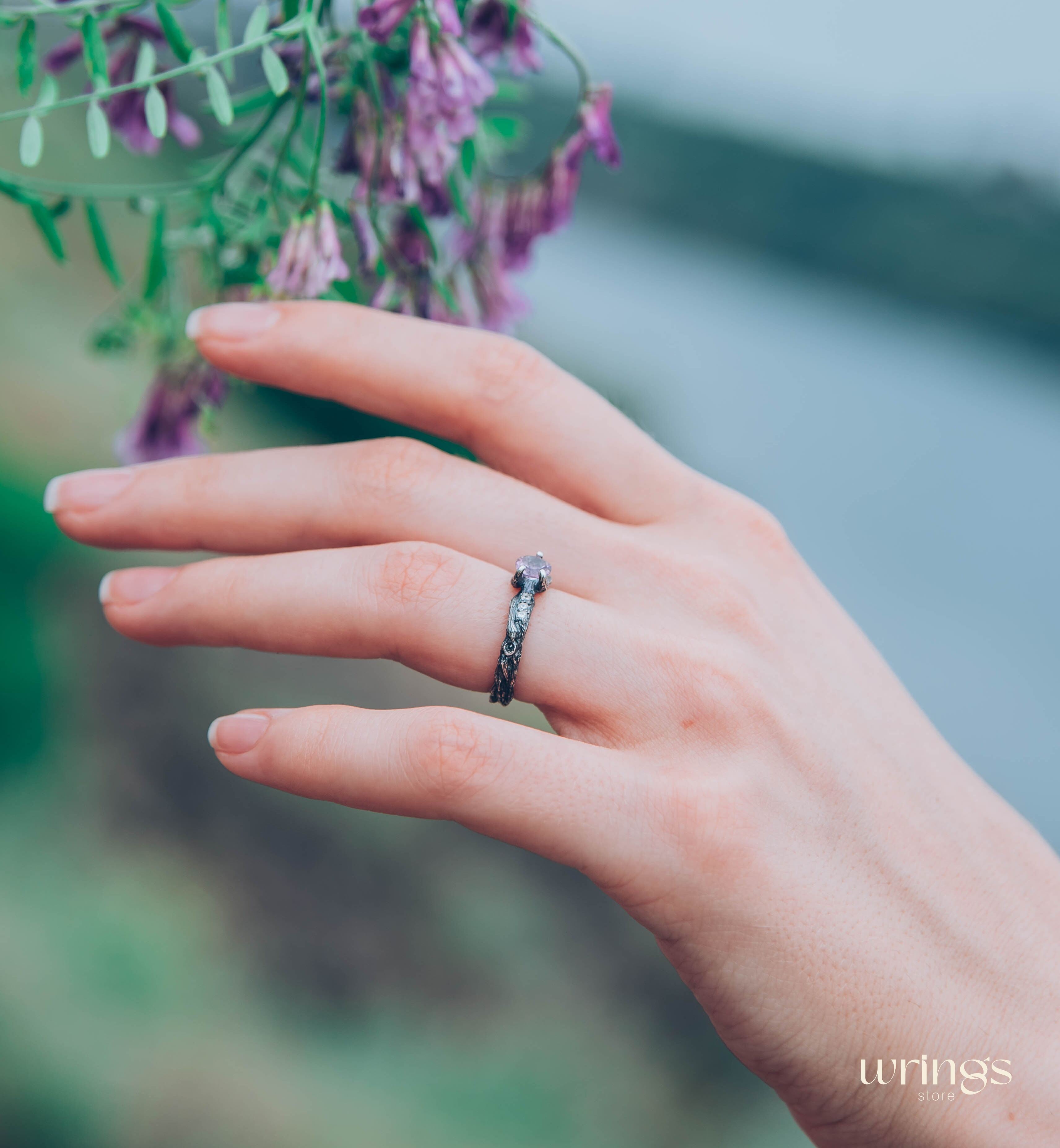Double styled Silver Branch & Amethyst Engagement Ring