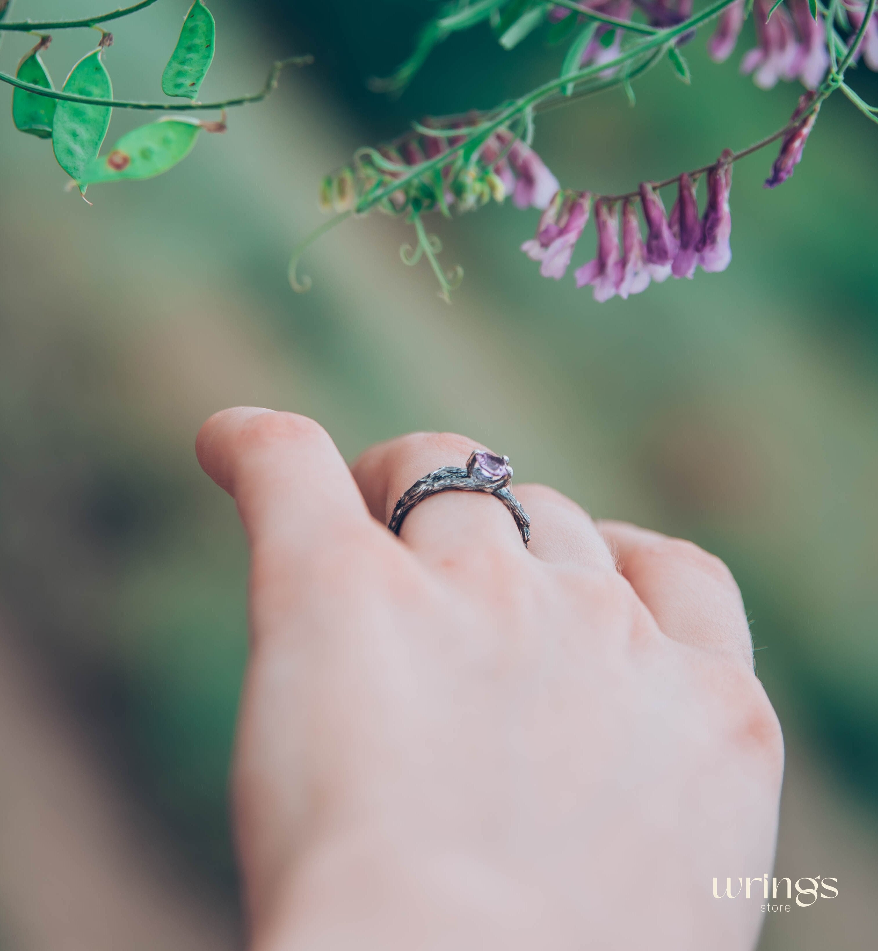 Double styled Silver Branch & Amethyst Engagement Ring