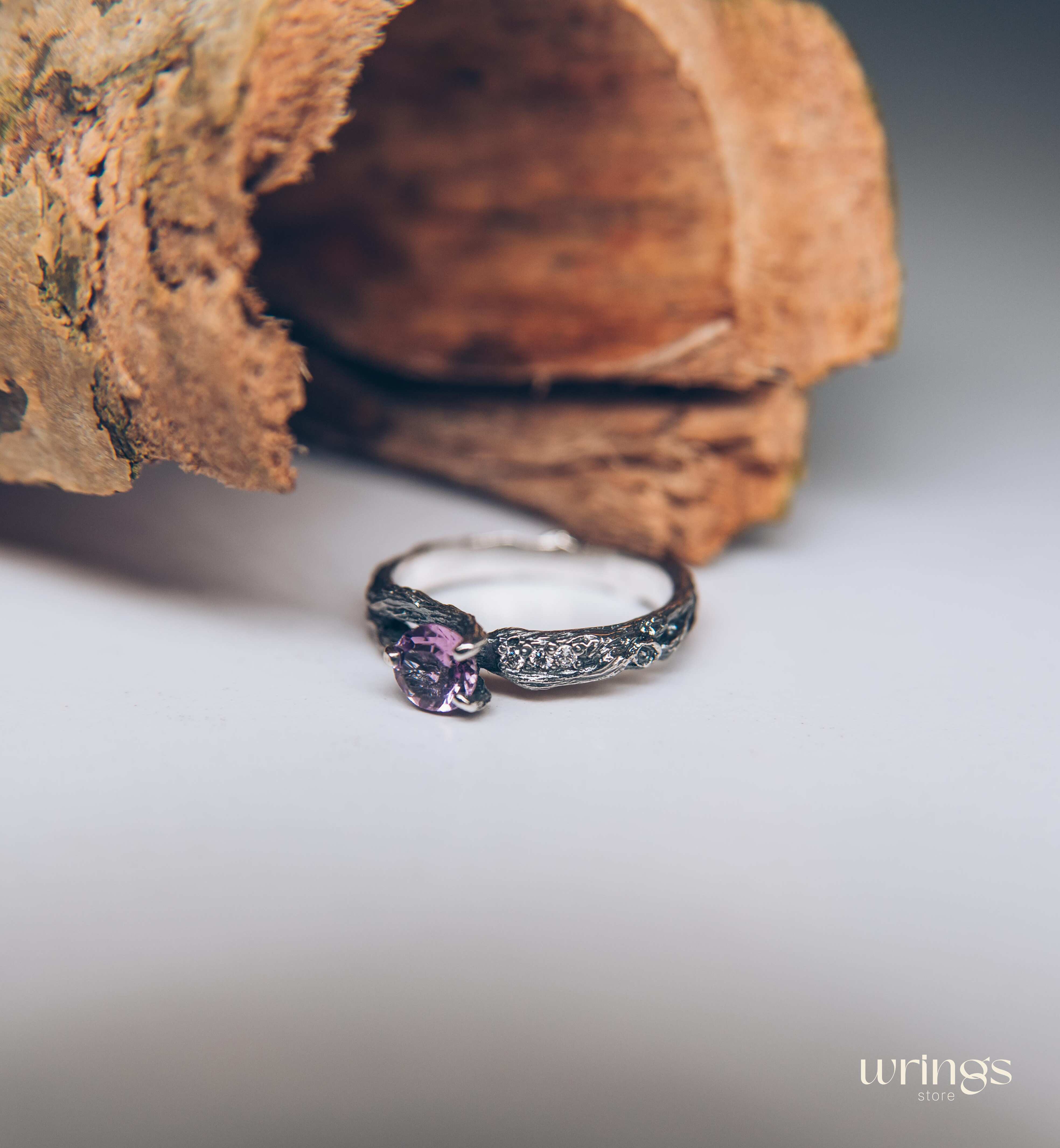 Double styled Silver Branch & Amethyst Engagement Ring