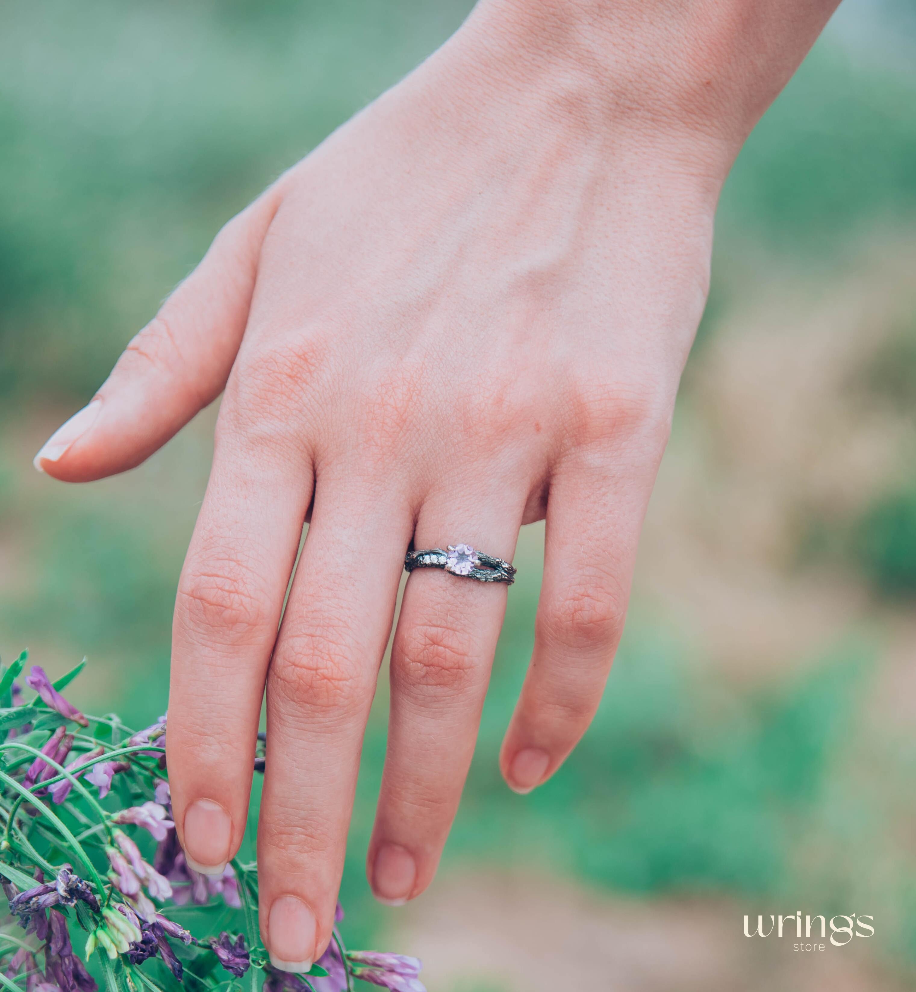 Double styled Silver Branch & Amethyst Engagement Ring