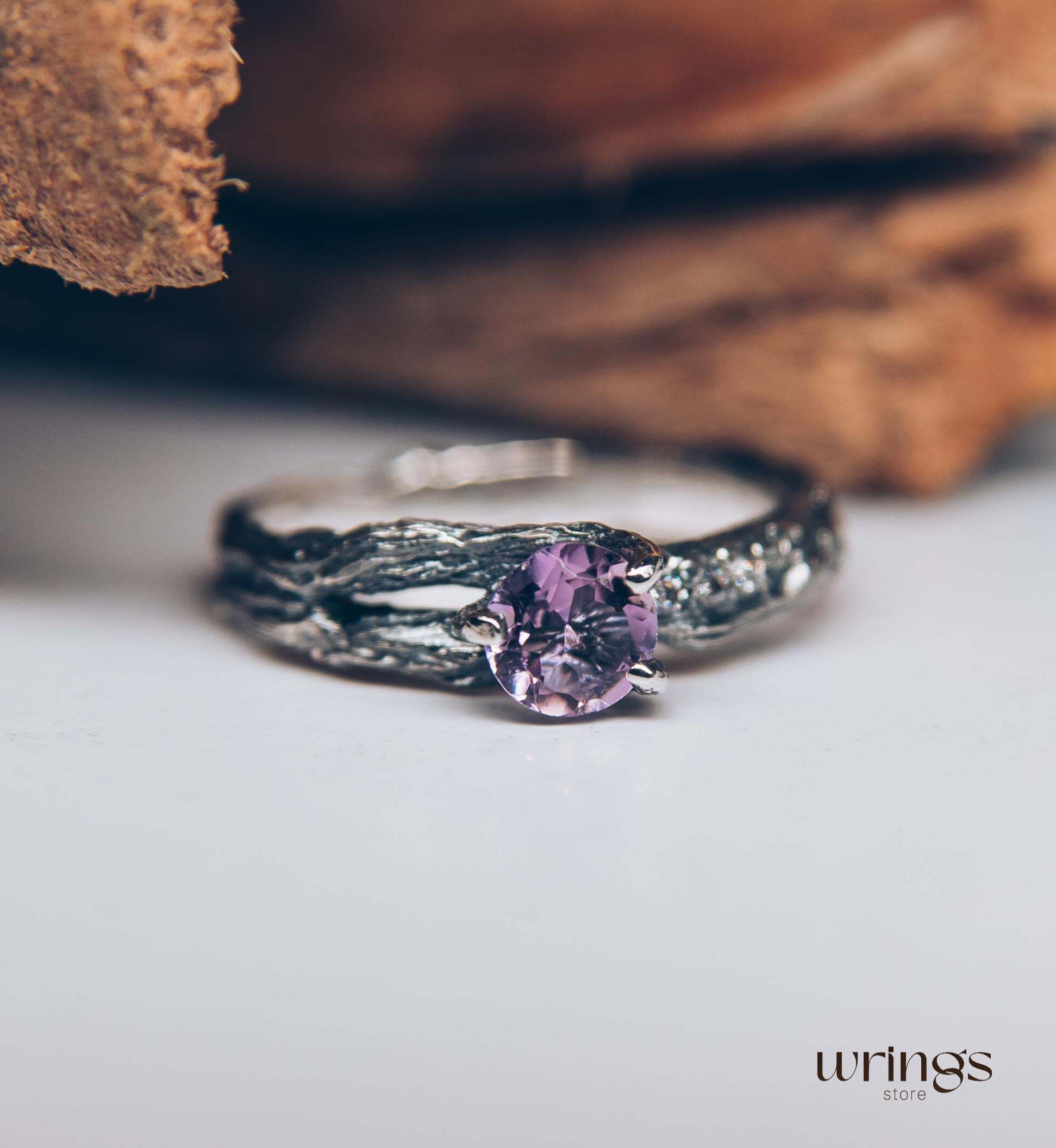 Double styled Silver Branch & Amethyst Engagement Ring