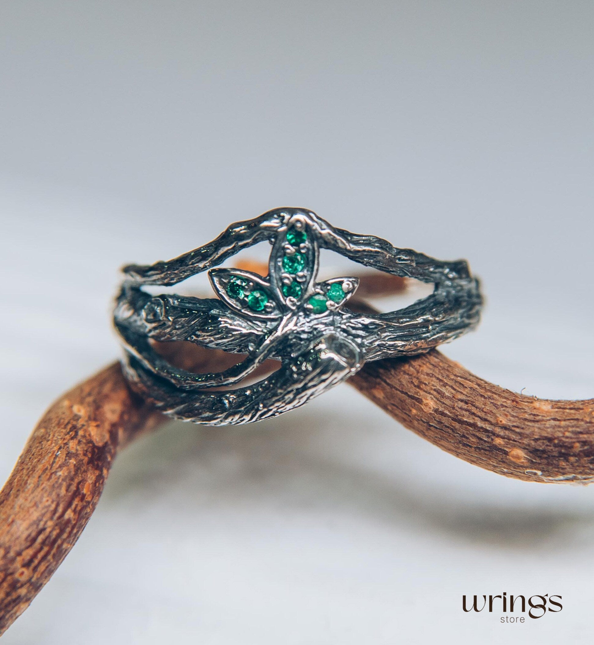 Emeralds in Leaves & Interwined Branch Dainty Ring
