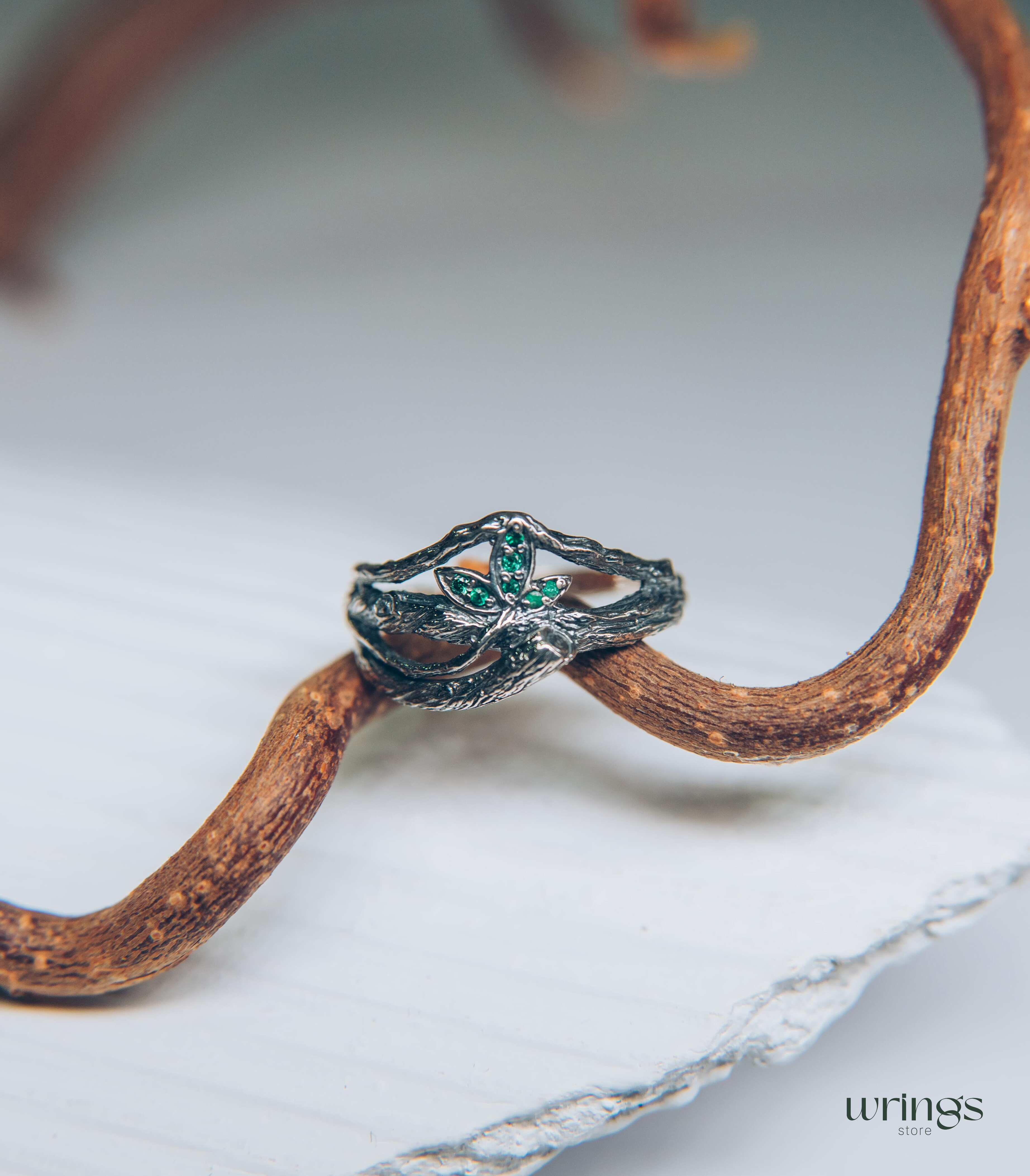Emeralds in Leaves & Interwined Branch Dainty Ring