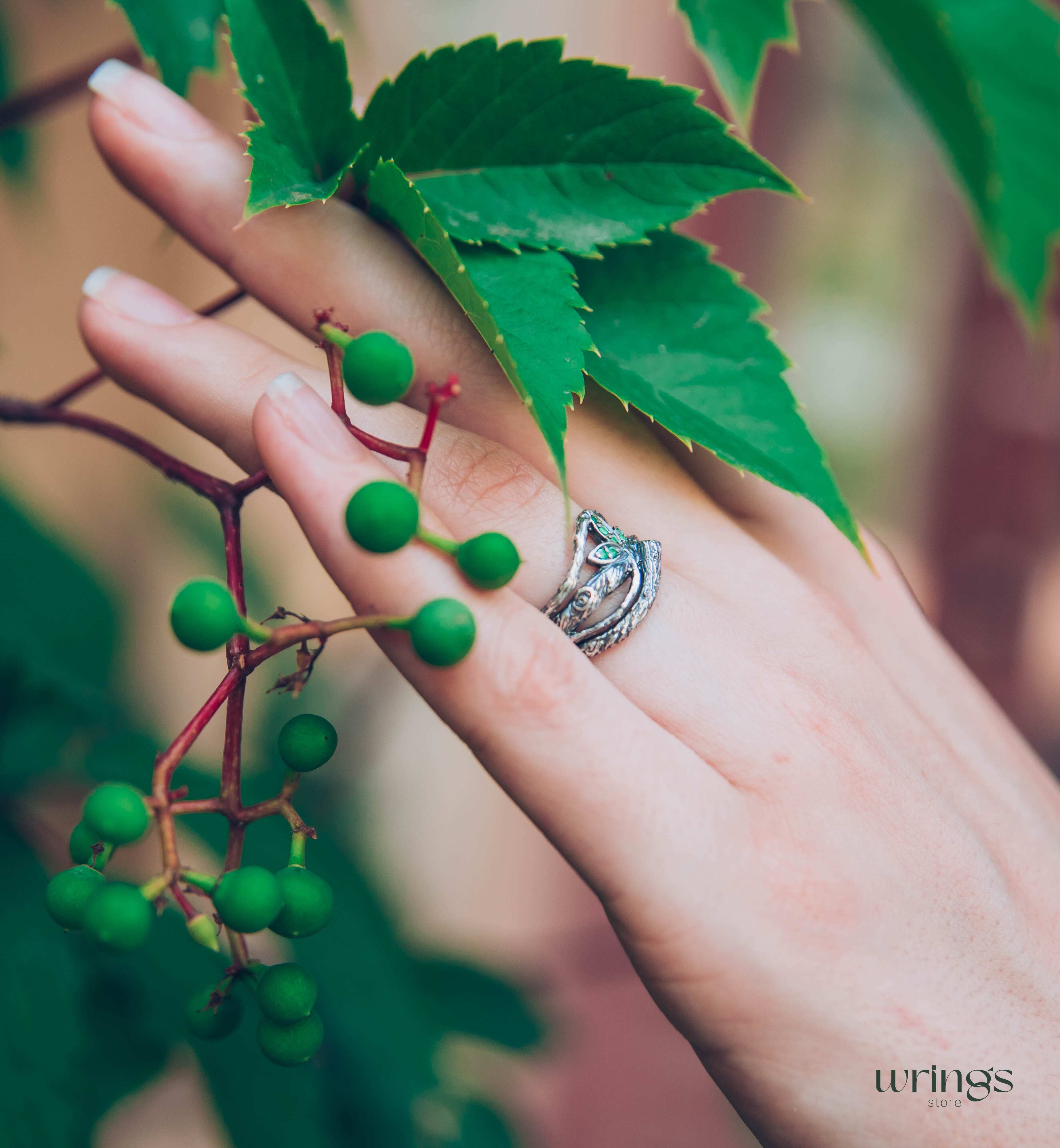 Emeralds in Leaves & Interwined Branch Dainty Ring