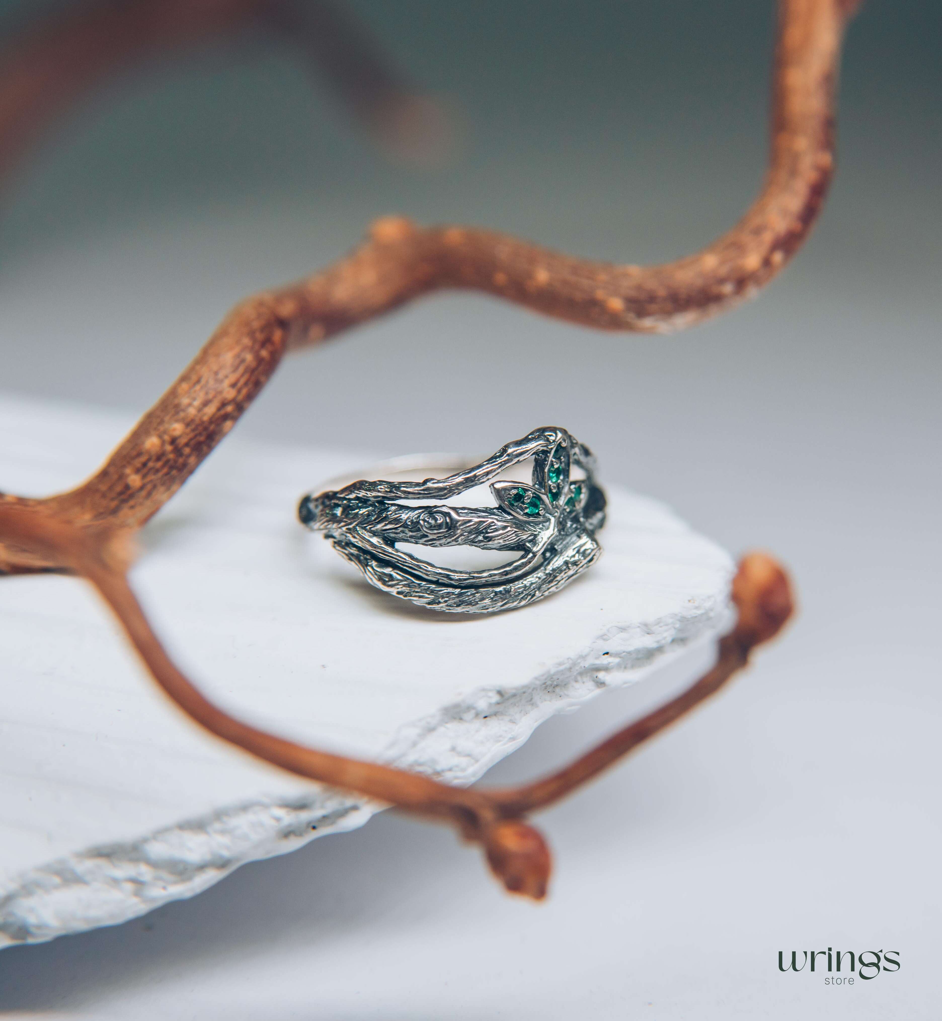 Emeralds in Leaves & Interwined Branch Dainty Ring