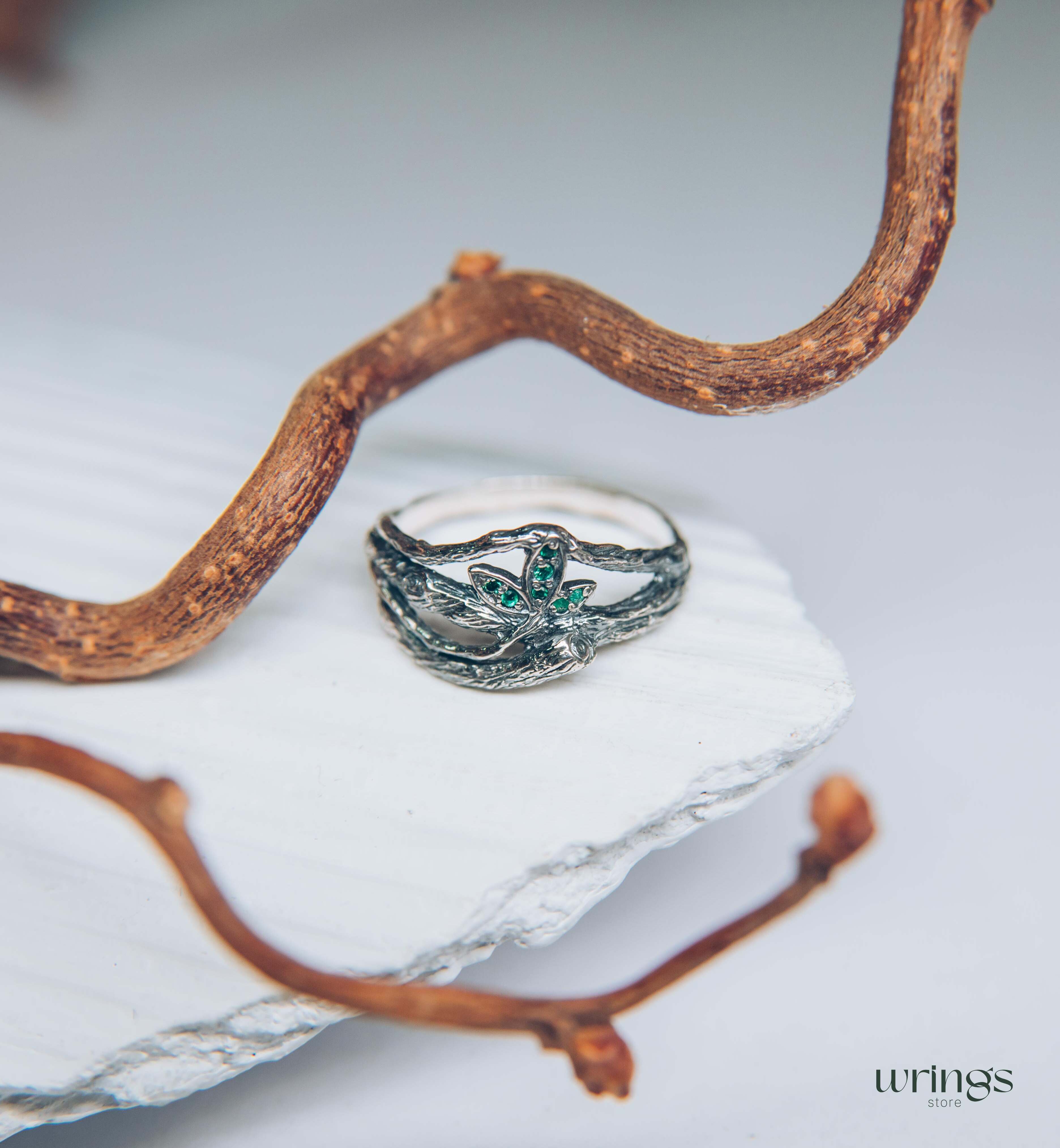 Emeralds in Leaves & Interwined Branch Dainty Ring