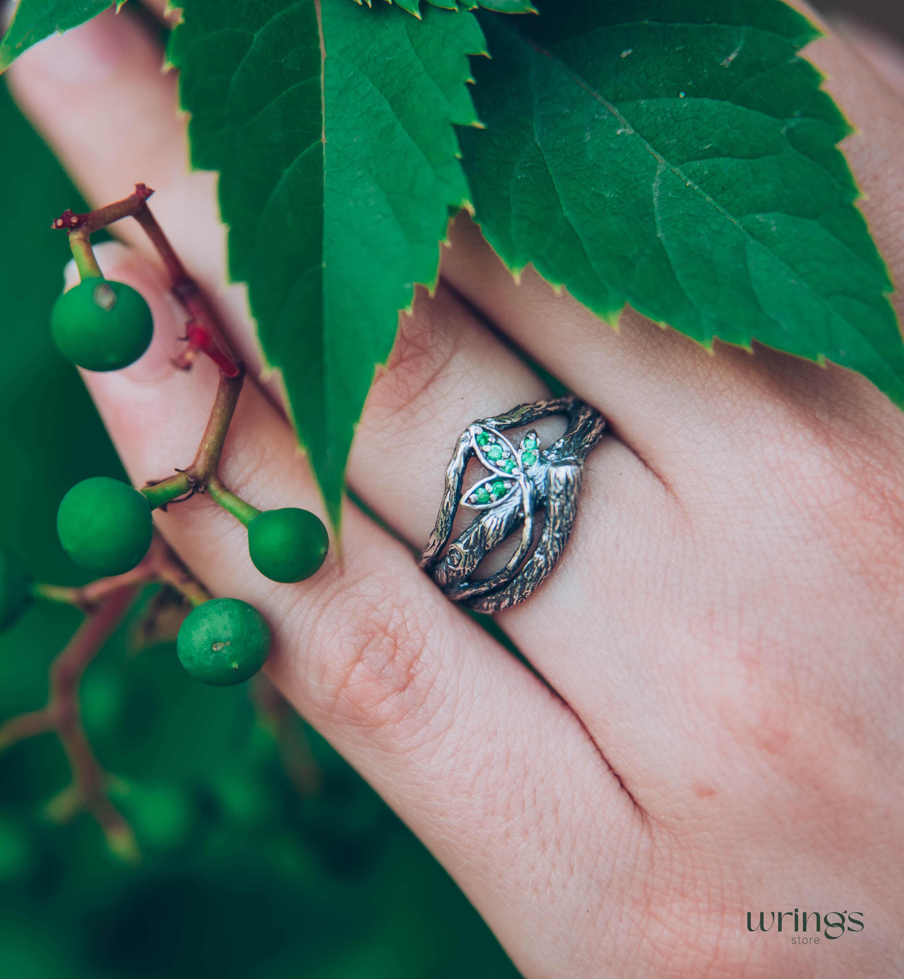 Emeralds in Leaves & Interwined Branch Dainty Ring