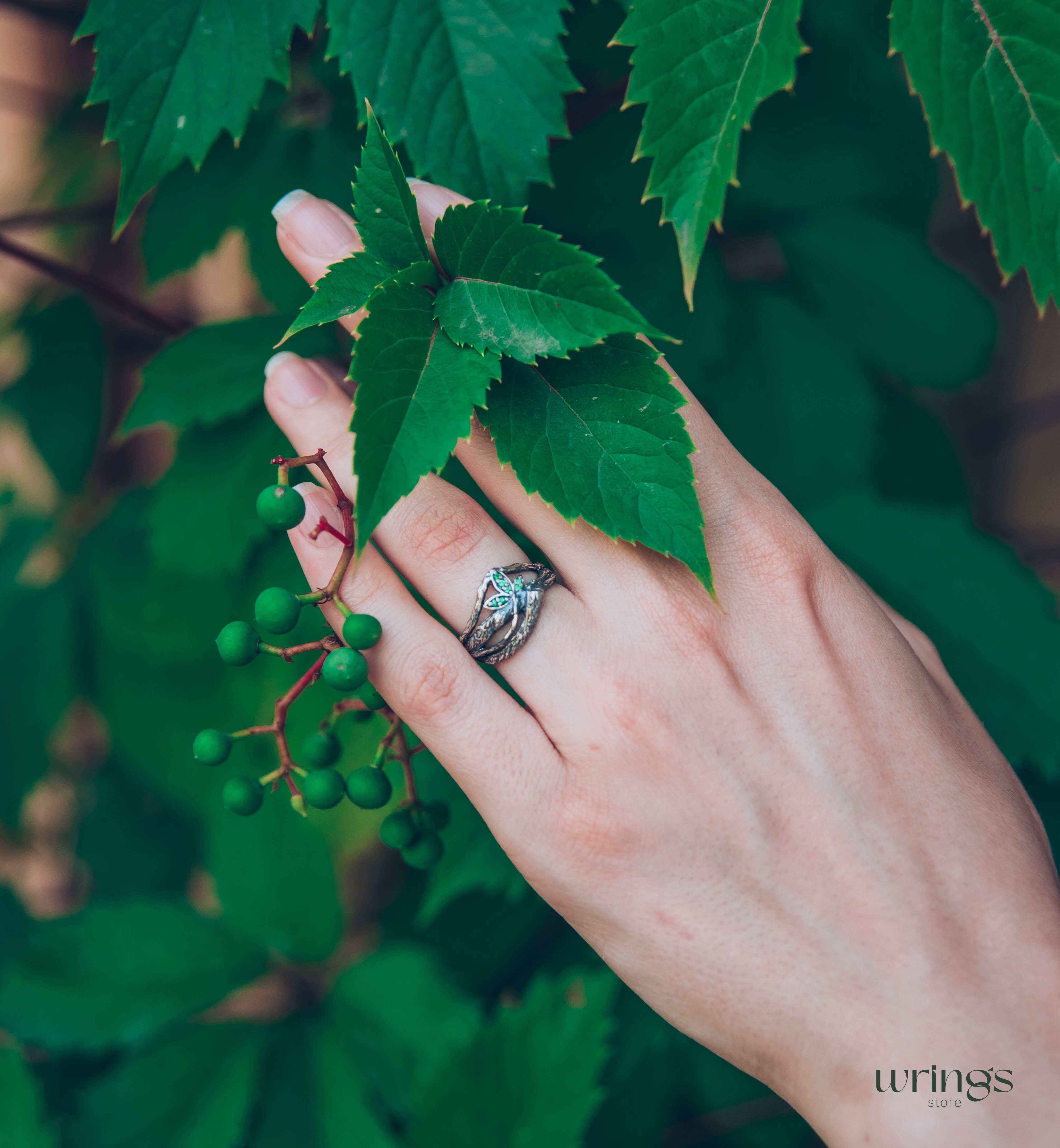 Emeralds in Leaves & Interwined Branch Dainty Ring