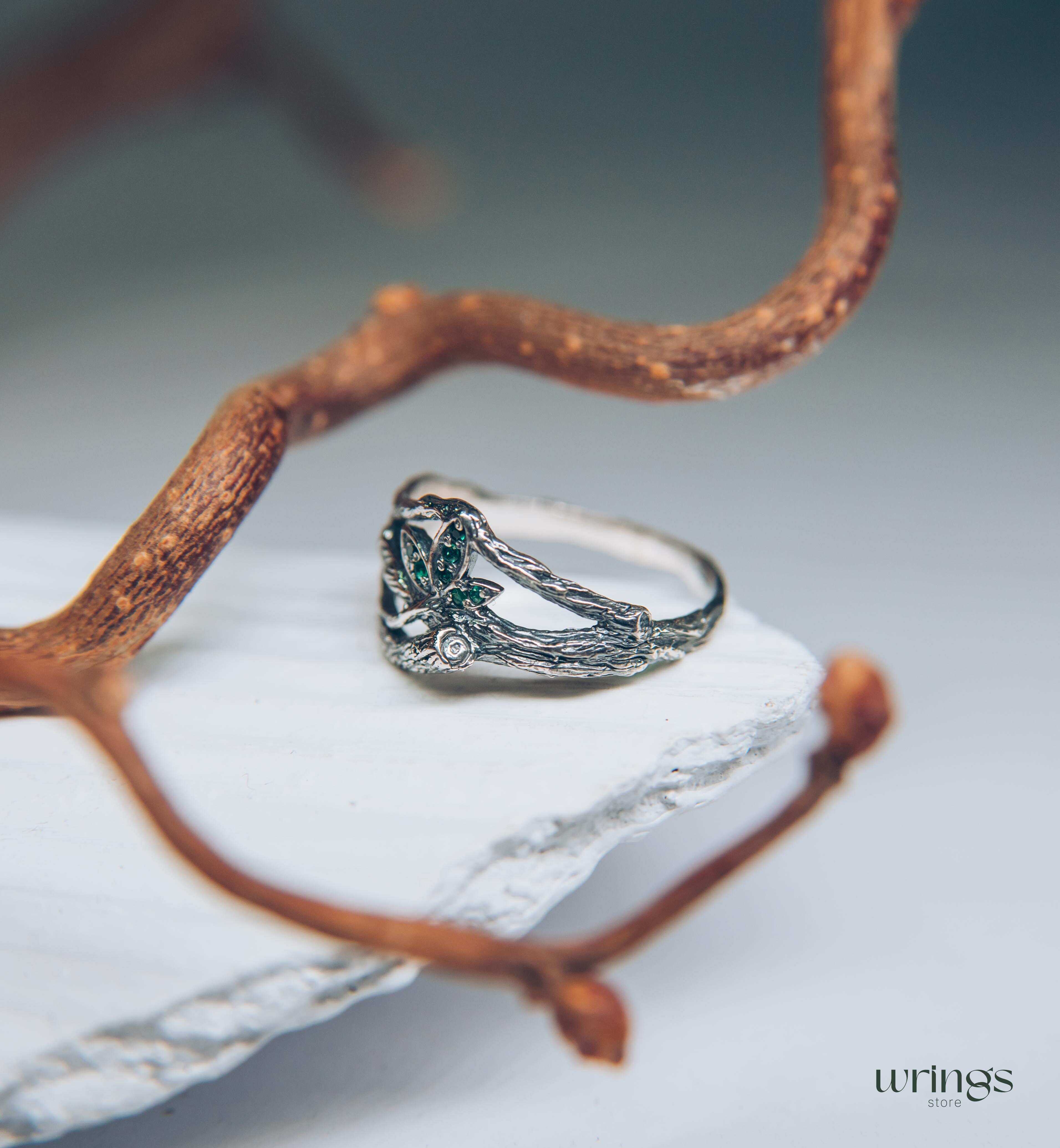 Emeralds in Leaves & Interwined Branch Dainty Ring