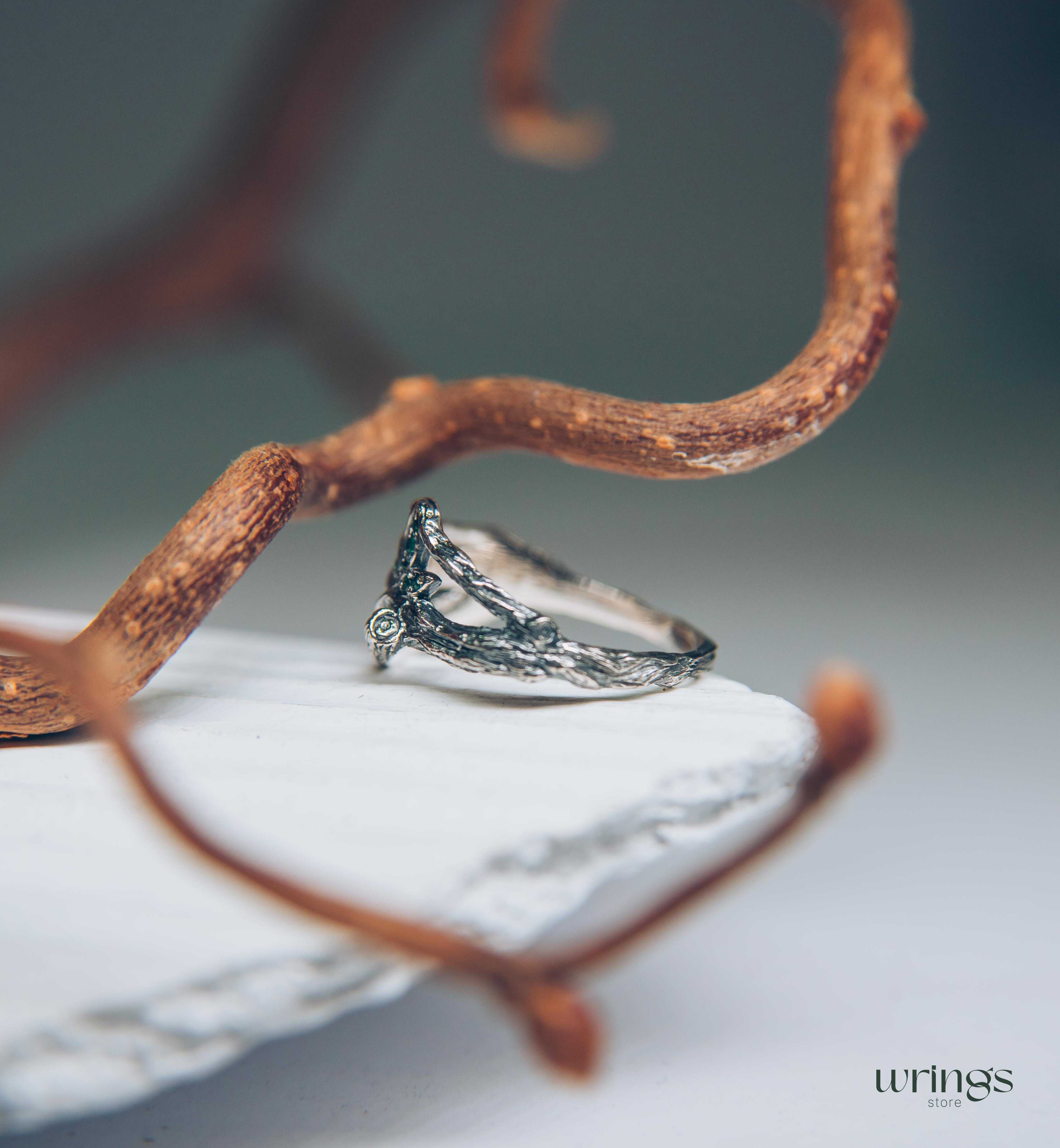 Emeralds in Leaves & Interwined Branch Dainty Ring