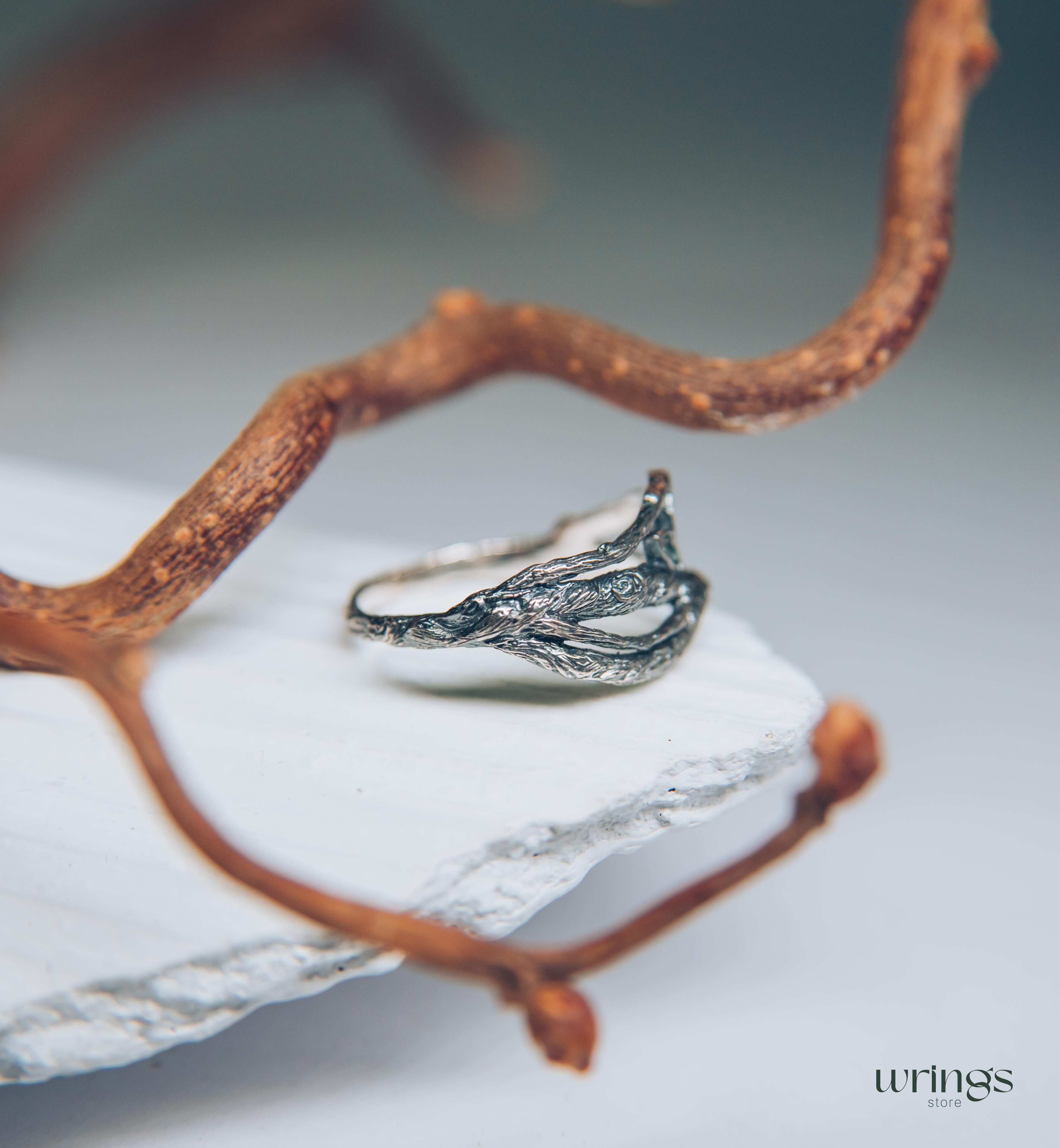 Emeralds in Leaves & Interwined Branch Dainty Ring