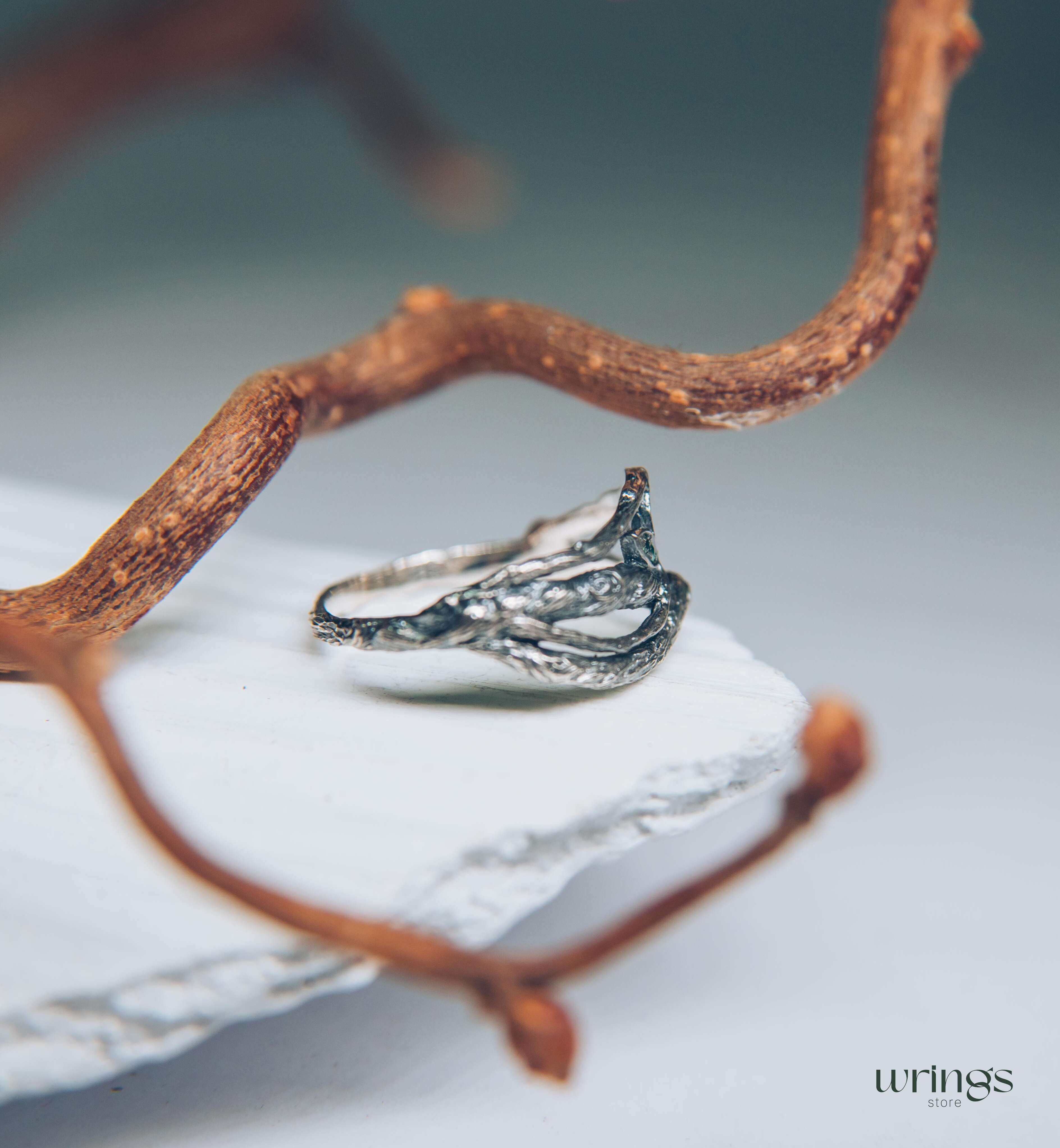 Emeralds in Leaves & Interwined Branch Dainty Ring