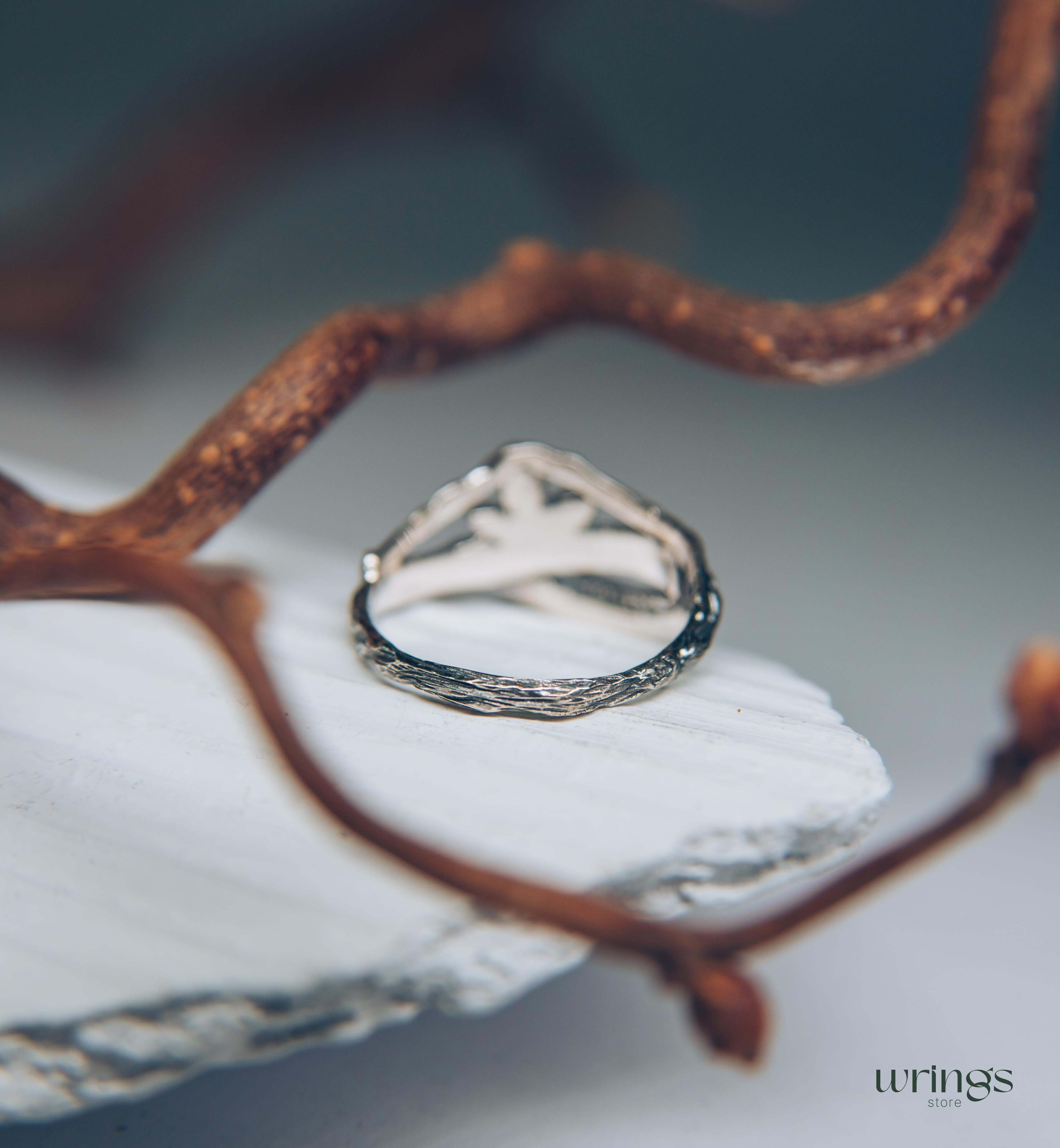 Emeralds in Leaves & Interwined Branch Dainty Ring