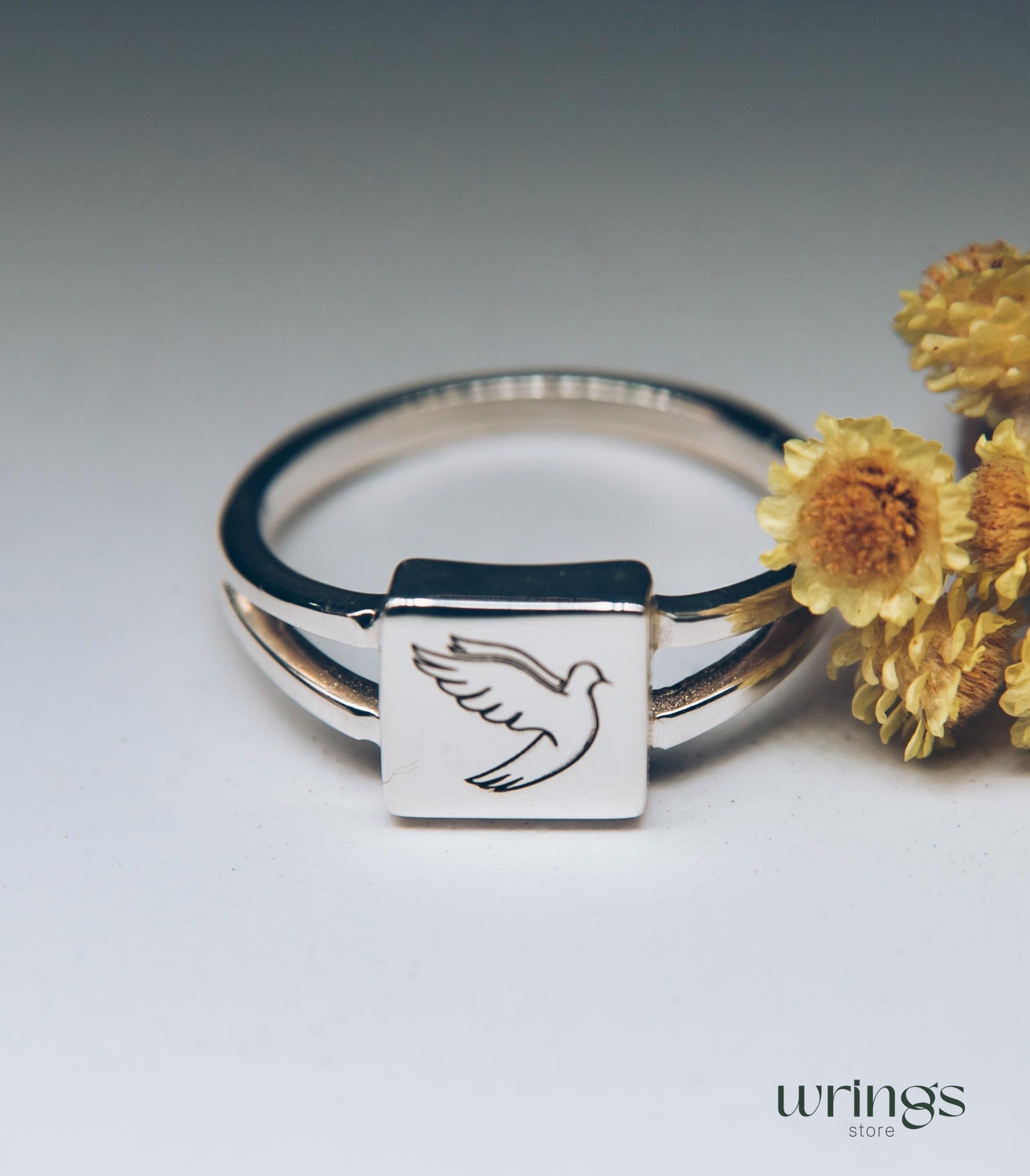 Engraved Pigeon Ring Sterling Silver with Split Band