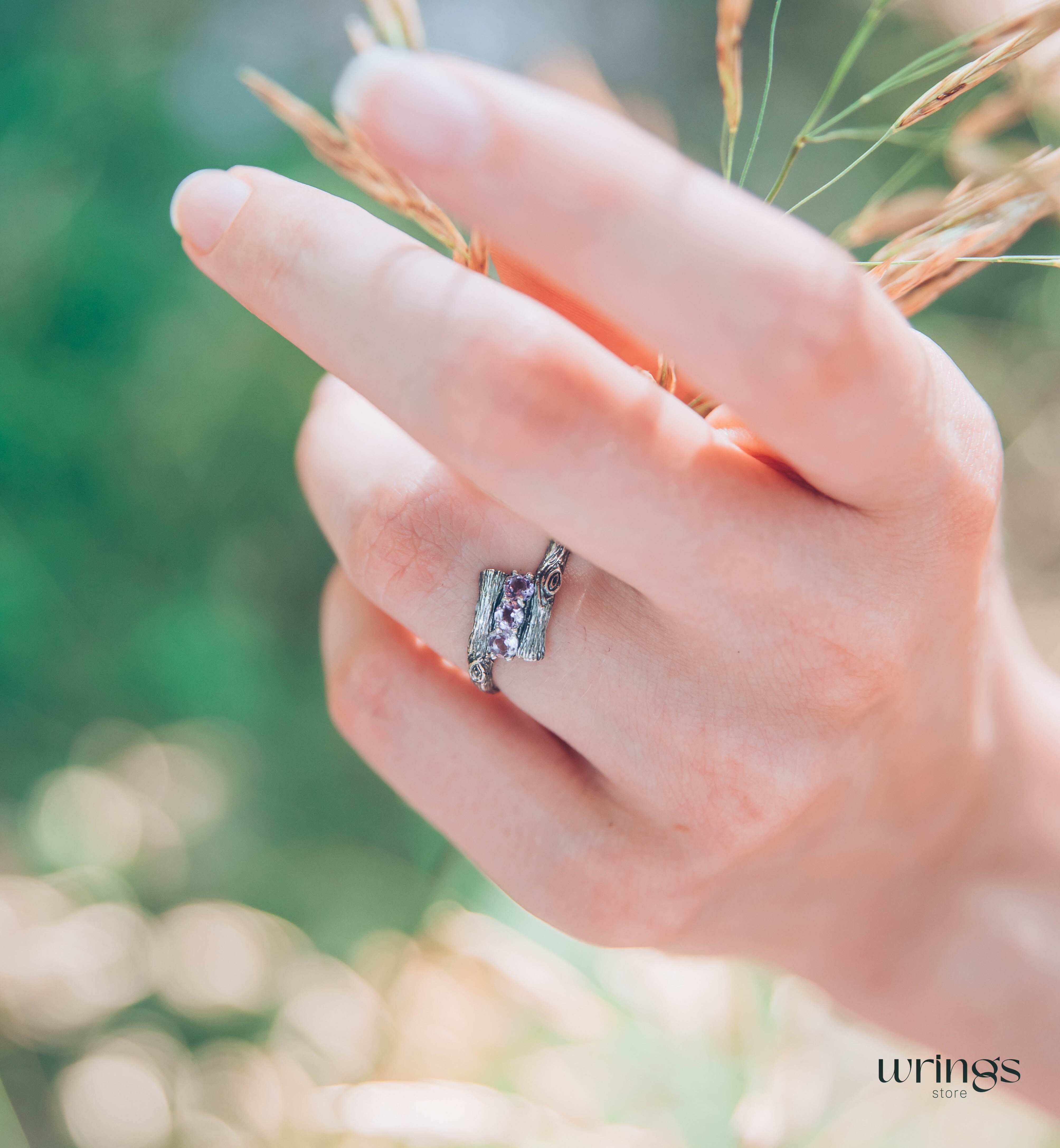 Fine Silver Twig Three Stone Amethyst Engagement Ring