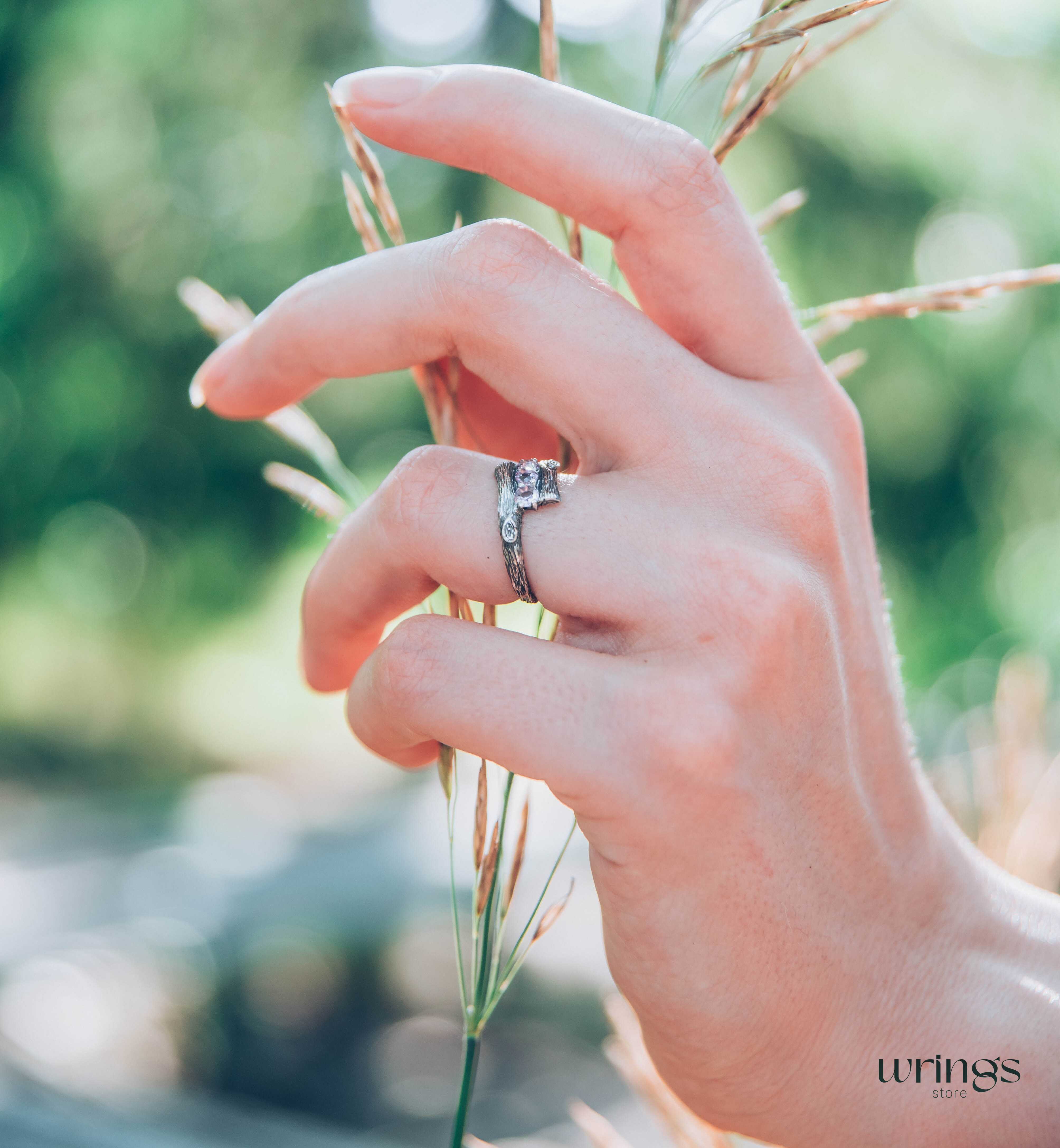 Fine Silver Twig Three Stone Amethyst Engagement Ring