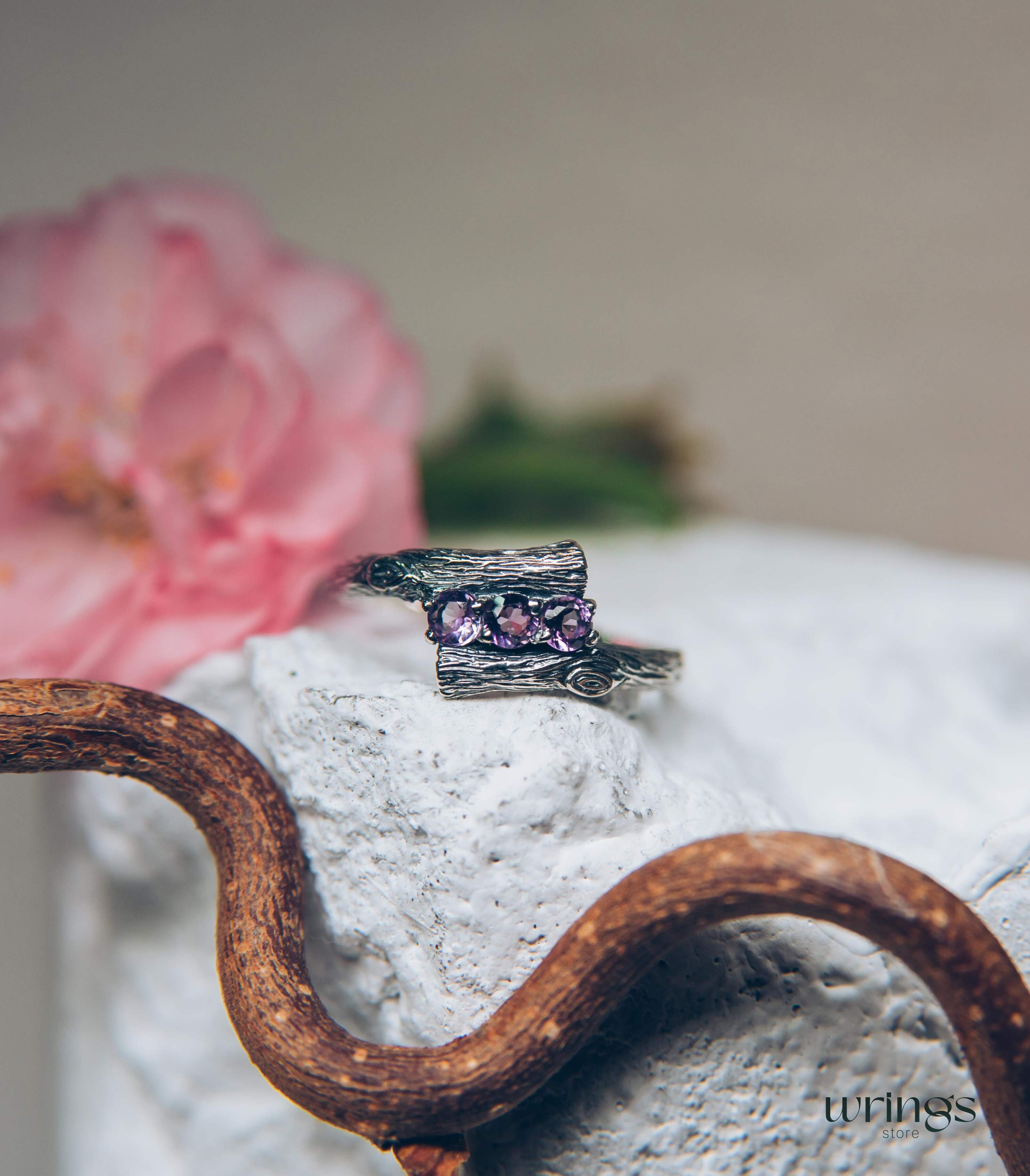 Fine Silver Twig Three Stone Amethyst Engagement Ring