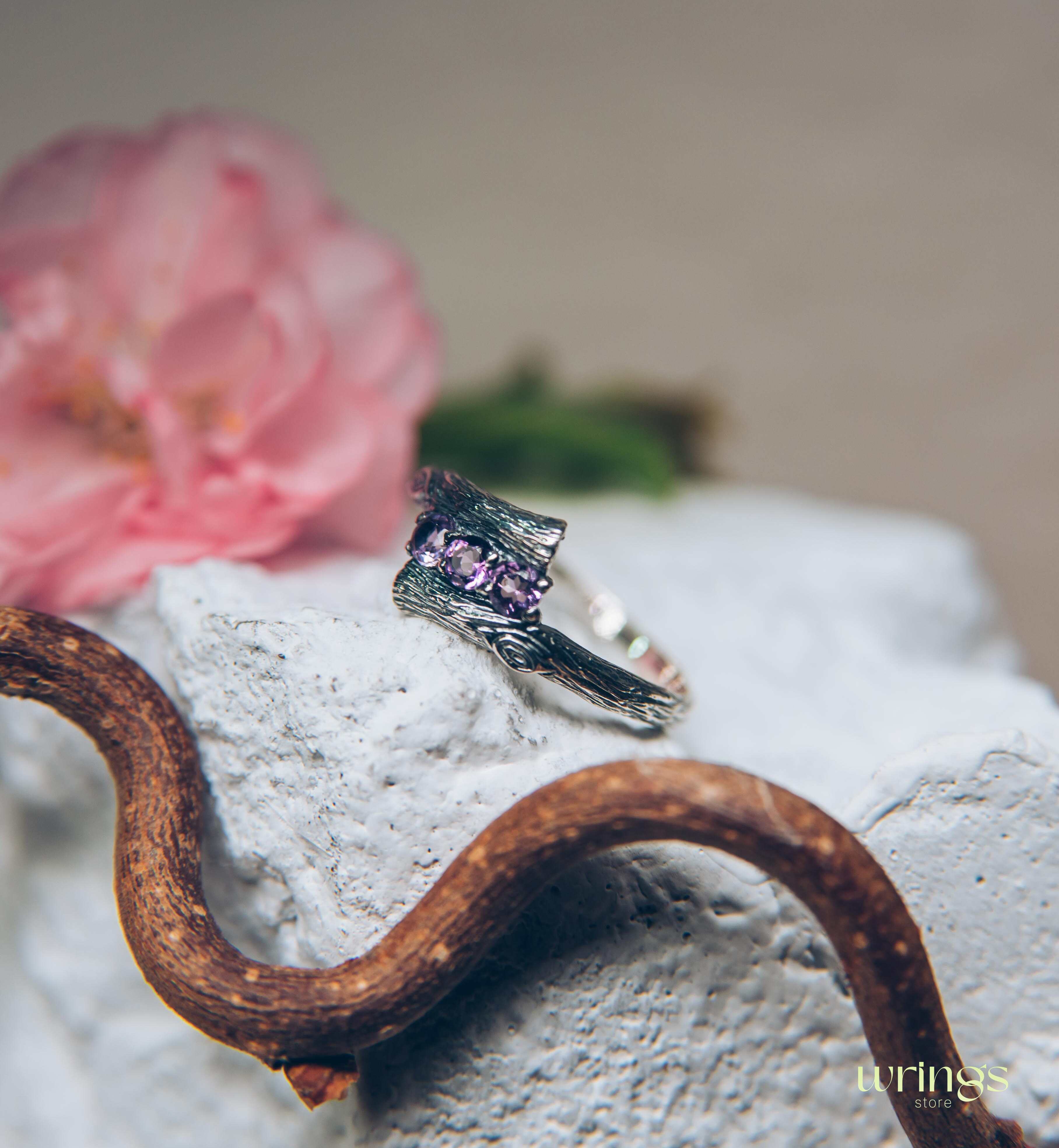 Fine Silver Twig Three Stone Amethyst Engagement Ring