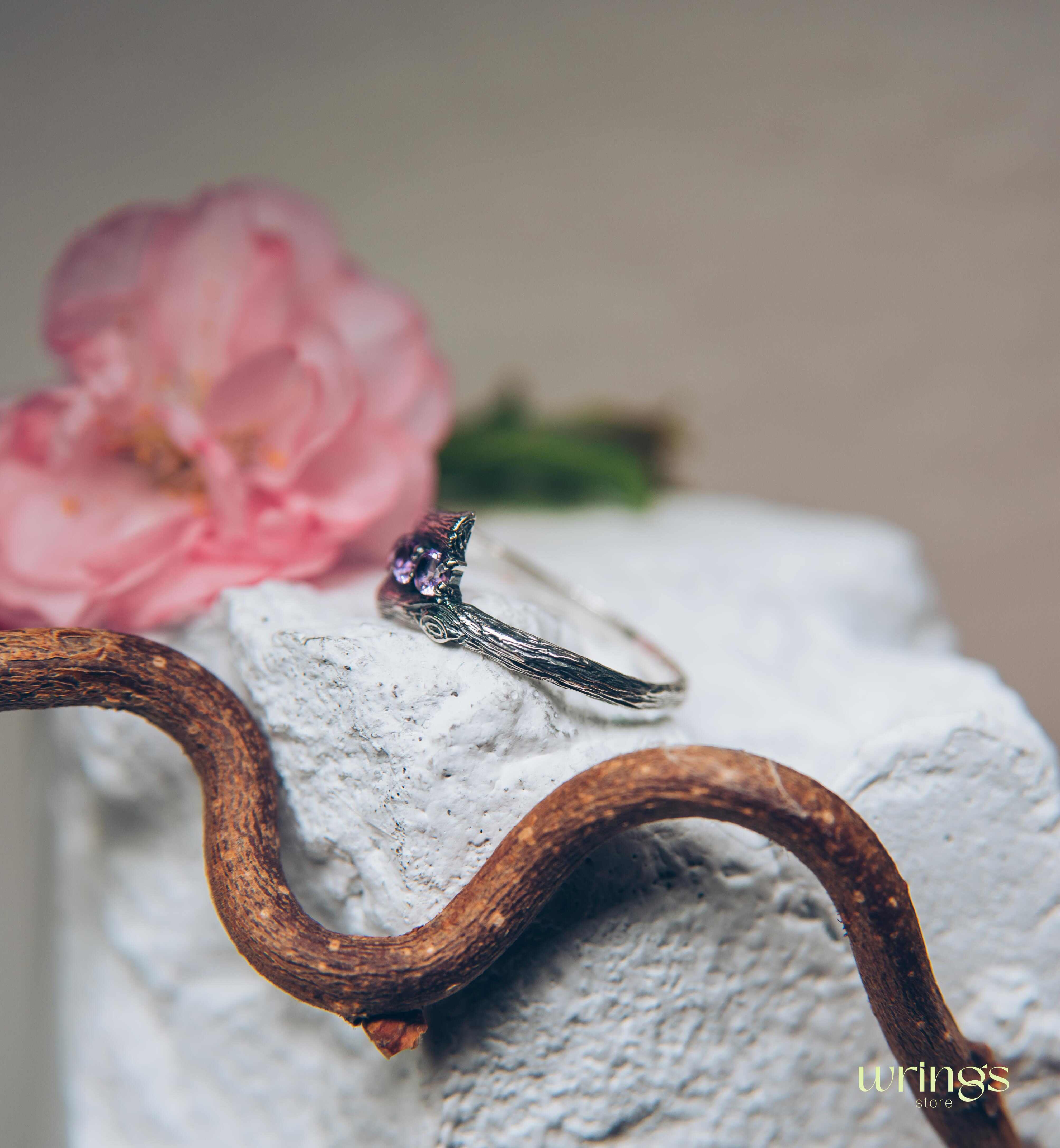 Fine Silver Twig Three Stone Amethyst Engagement Ring