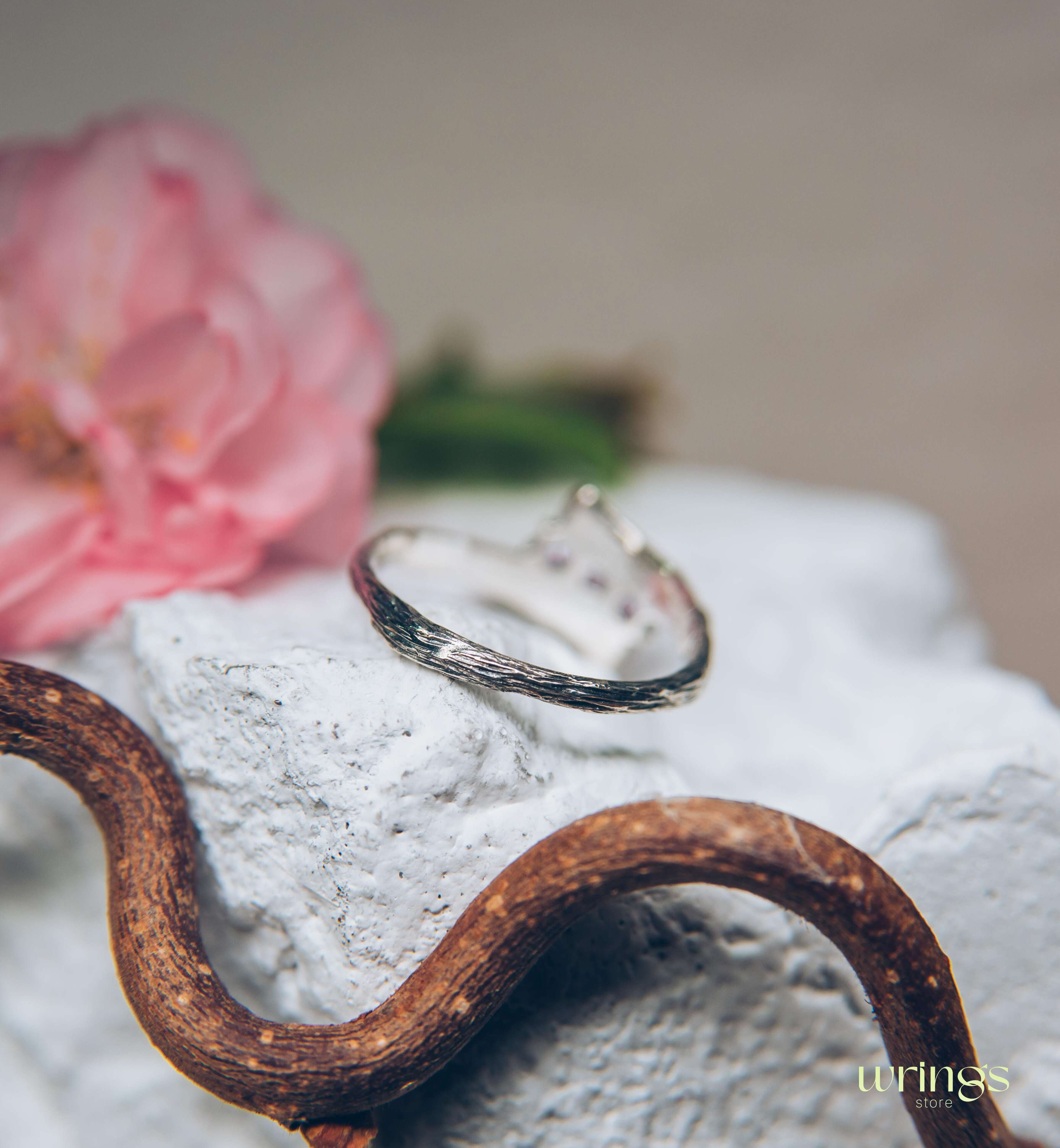 Fine Silver Twig Three Stone Amethyst Engagement Ring