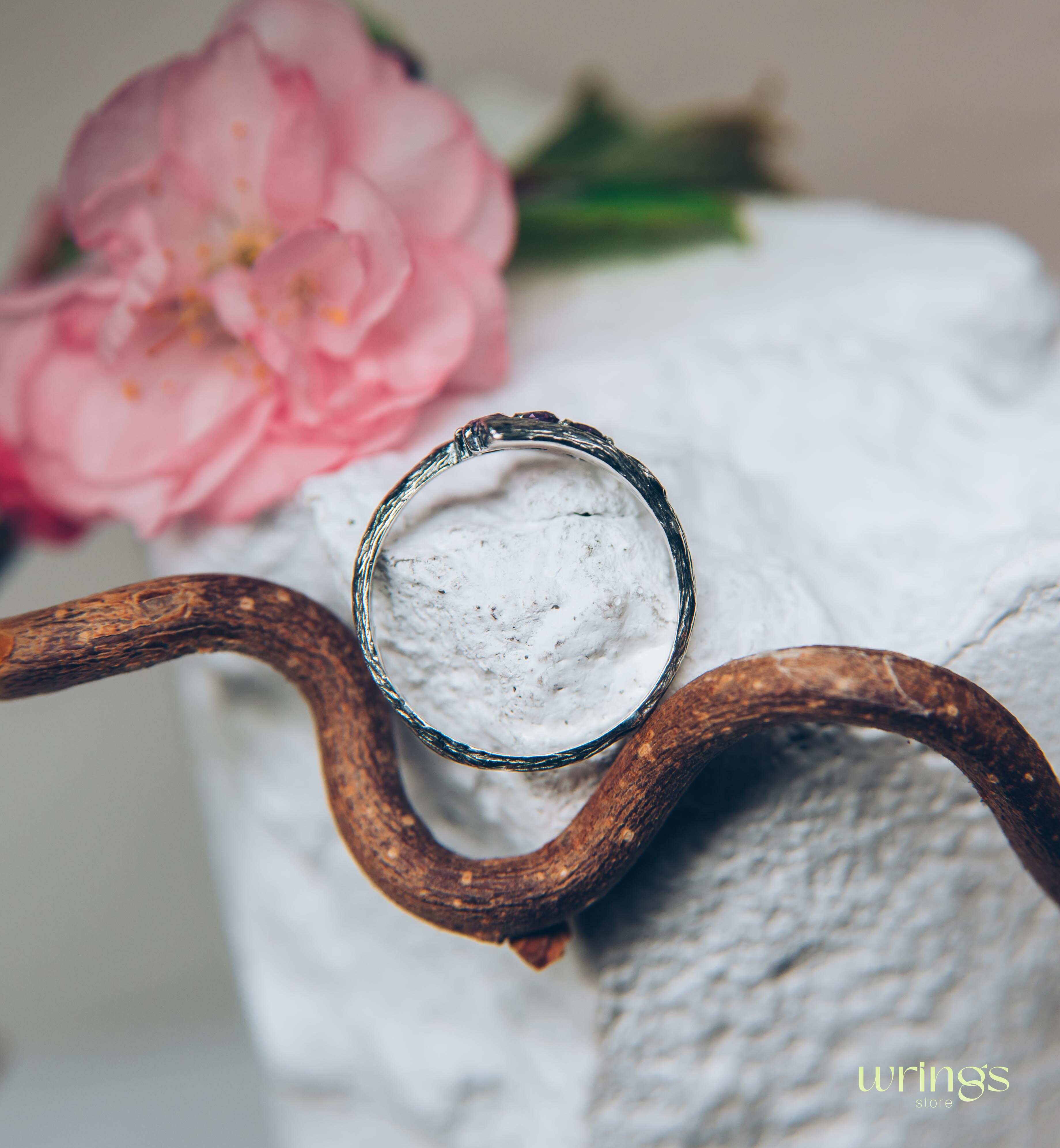 Fine Silver Twig Three Stone Amethyst Engagement Ring