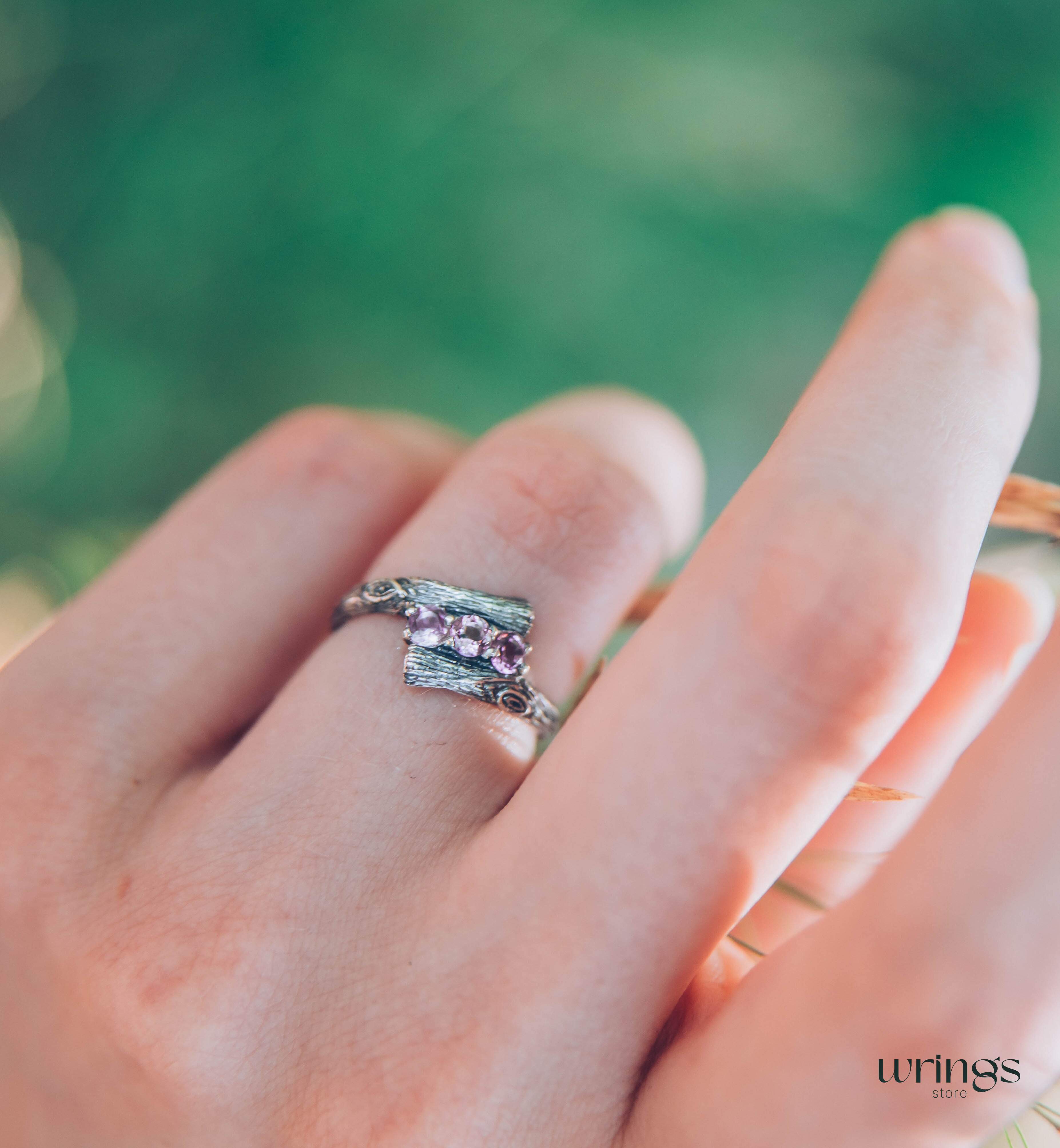 Fine Silver Twig Three Stone Amethyst Engagement Ring