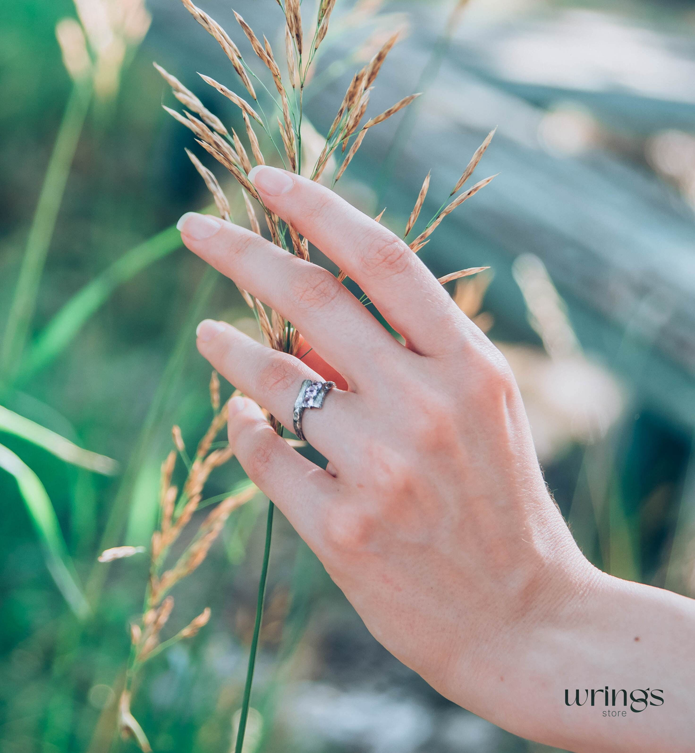 Fine Silver Twig Three Stone Amethyst Engagement Ring
