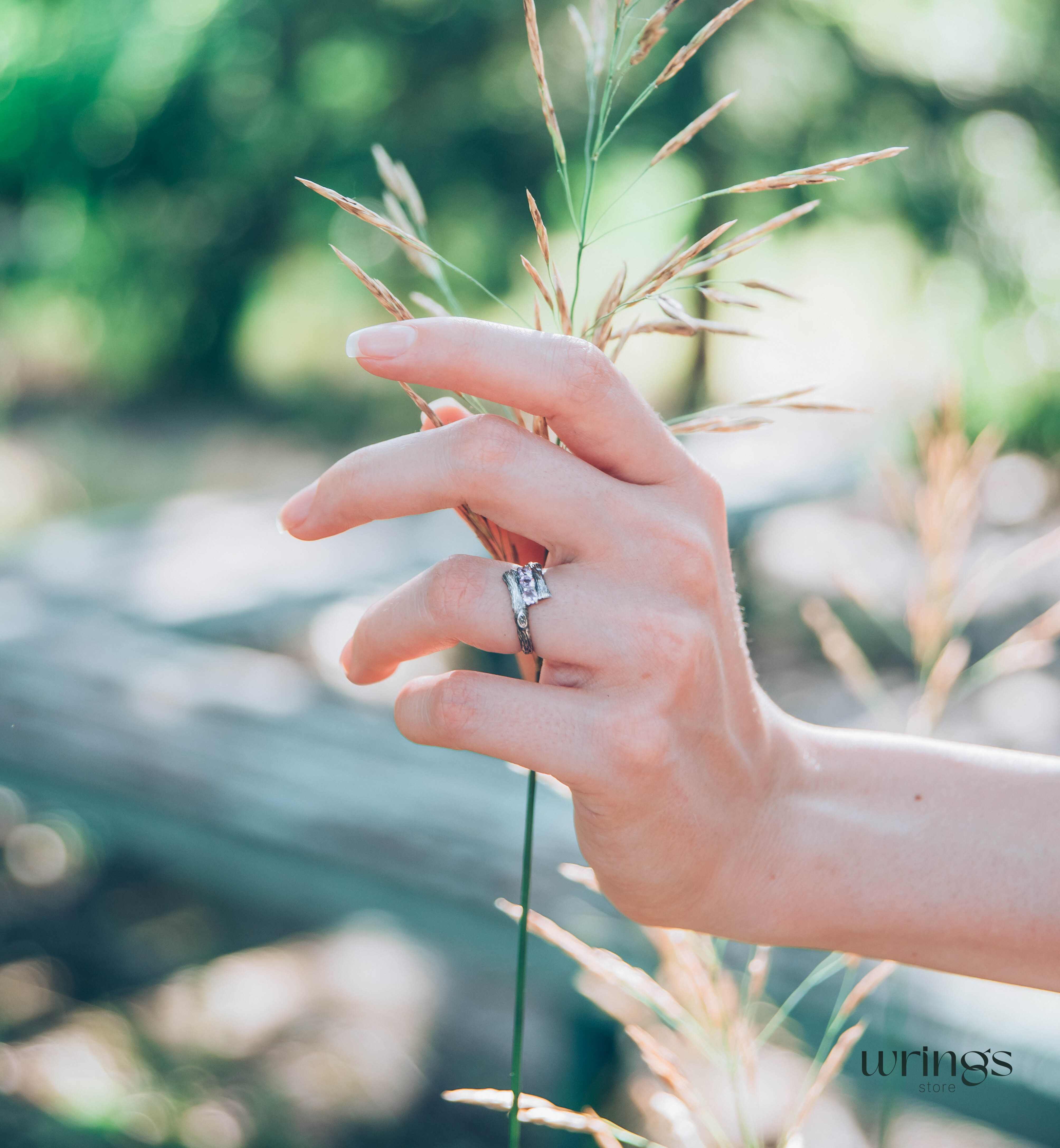 Fine Silver Twig Three Stone Amethyst Engagement Ring