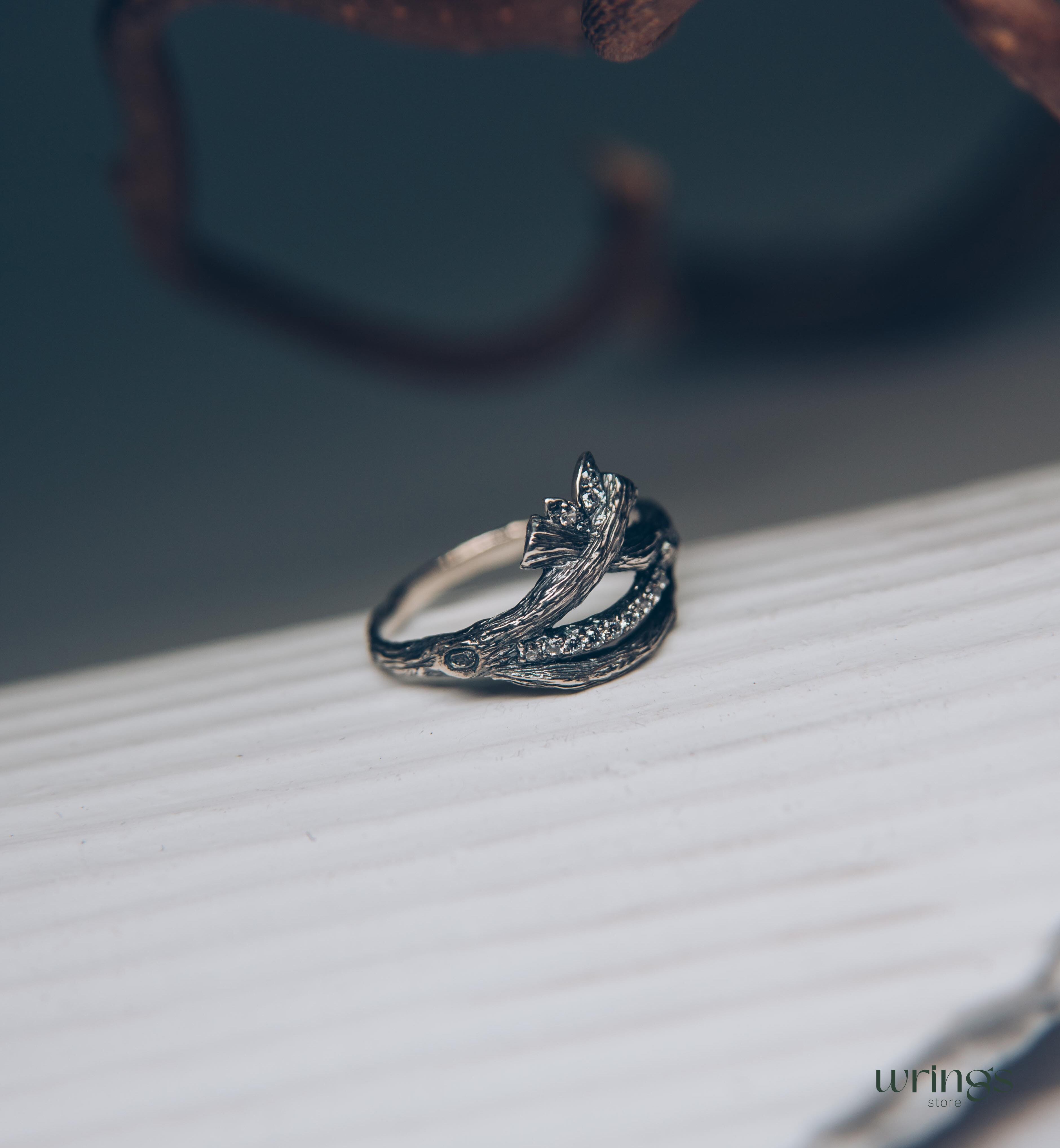 Leaves on Crossed Branches with CZ Gems Silver Ring