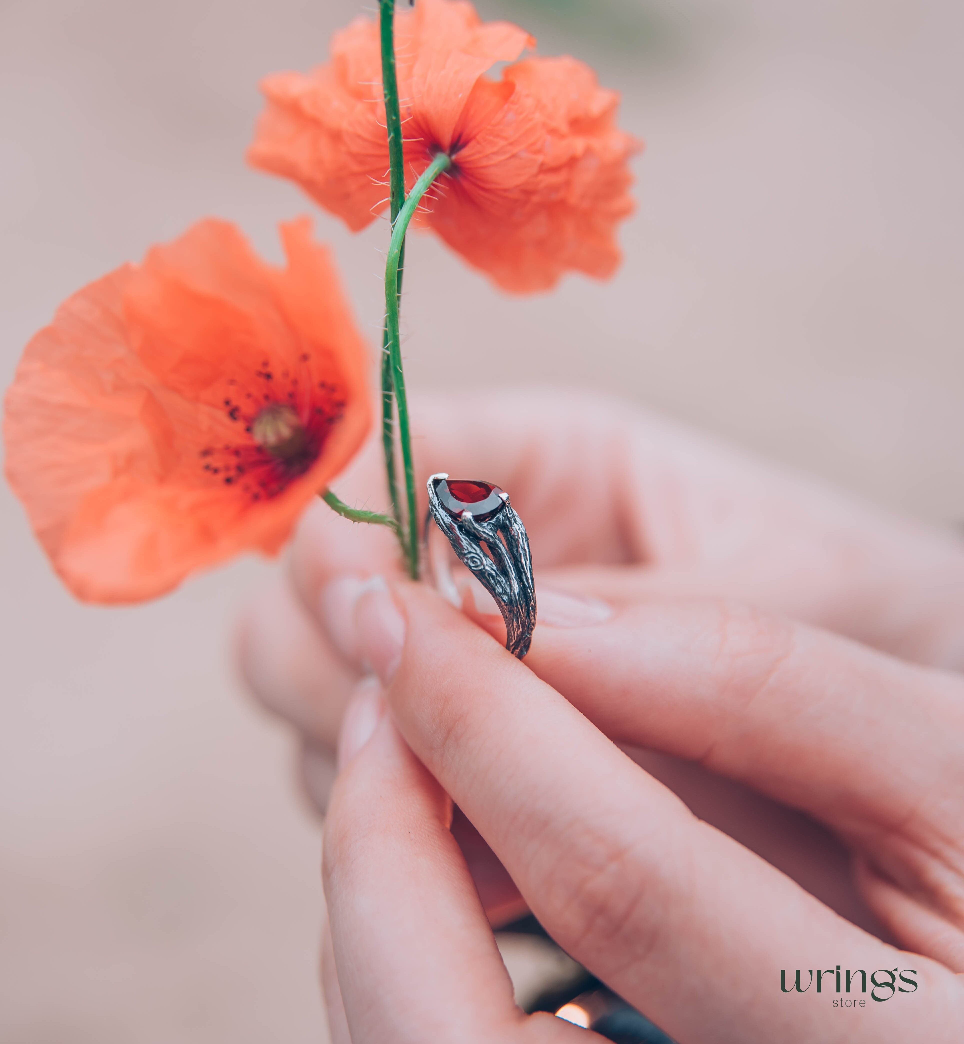 Pear Garnet and Silver Branch Engagement Ring