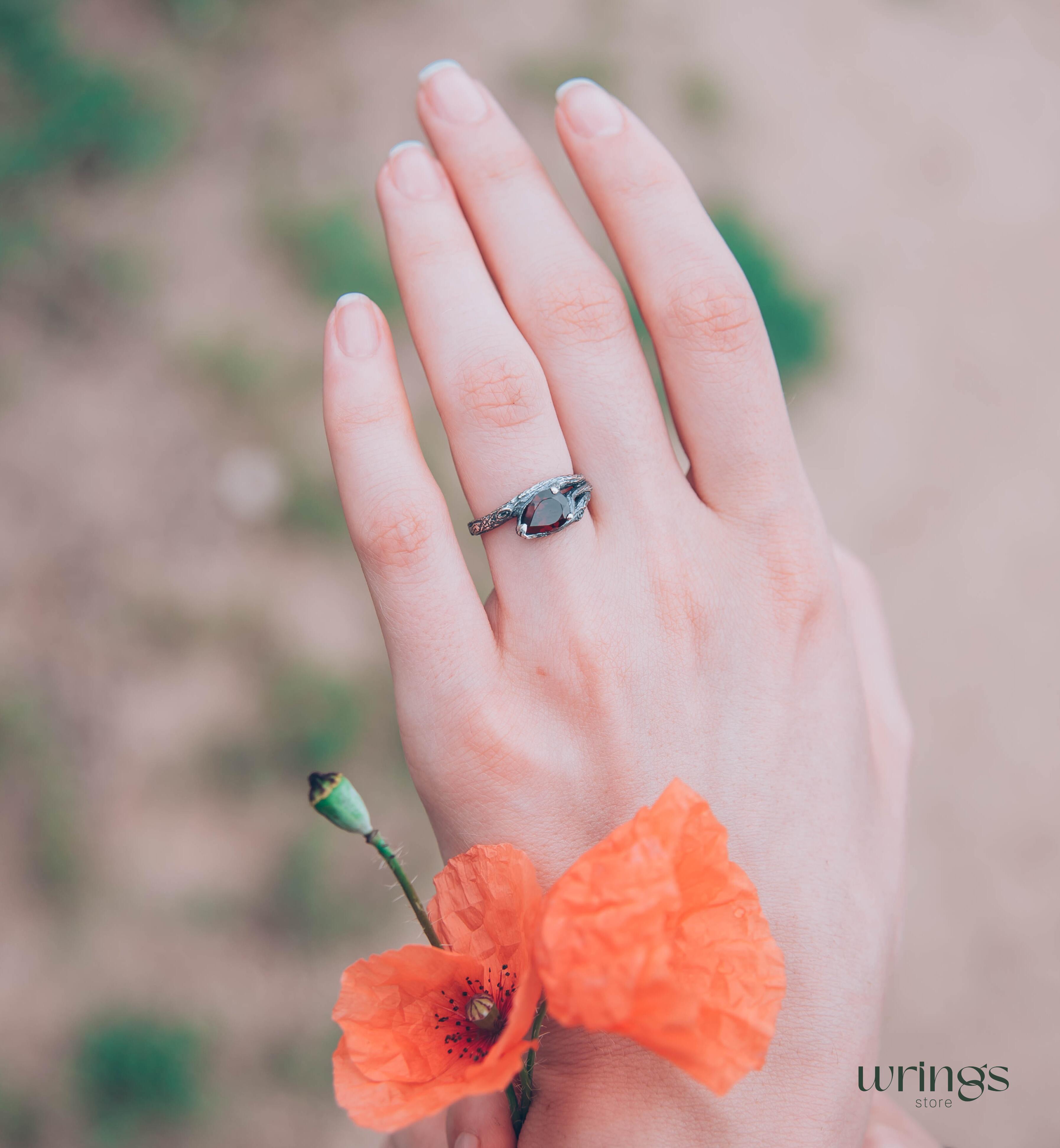 Pear Garnet and Silver Branch Engagement Ring