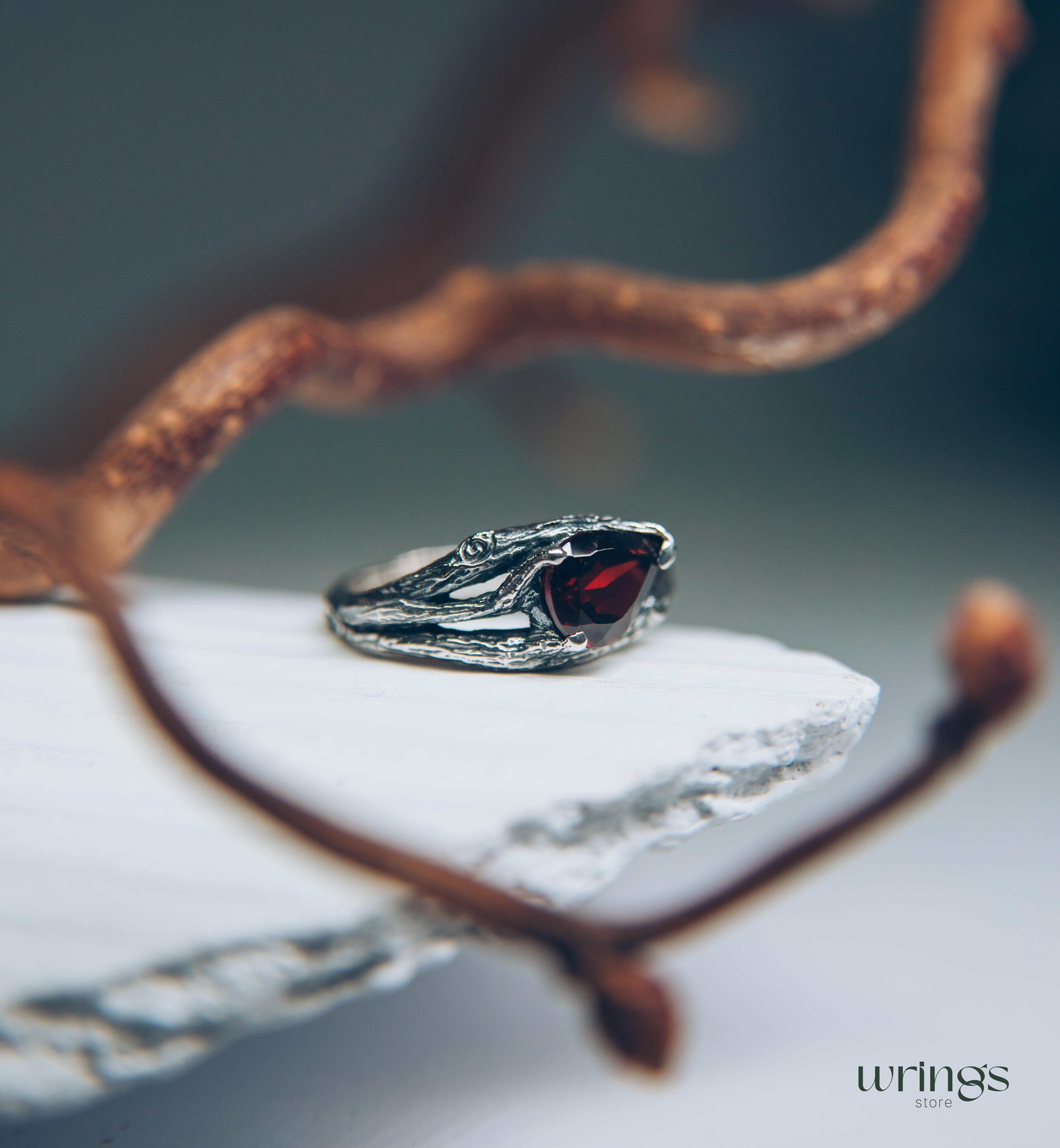 Pear Garnet and Silver Branch Engagement Ring